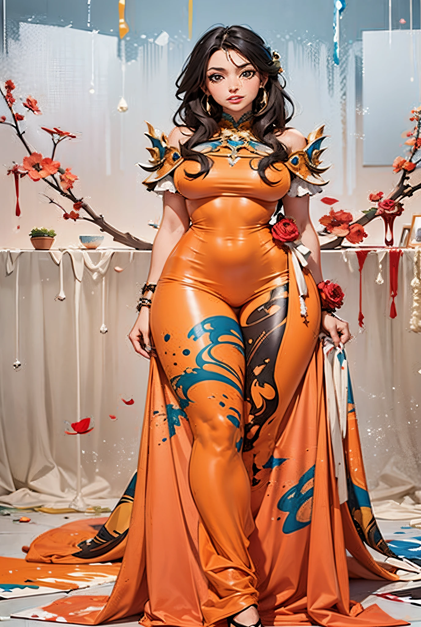 una mujer con un vestido naranja y un vestido azul y negro, Personaje de anime; Arte de cuerpo completo, cosplay adornado, Pintura de cuerpo entero, intricate latex set, Anime Mujer Arte de cuerpo completo, Pintura de cuerpo entero, Foto extremadamente detallada de la diosa, Arte corporal completo, cuerpo completo!! Detalles maximalistas, Arte de cuerpo completo, cosplayer vestido como un cangrejo