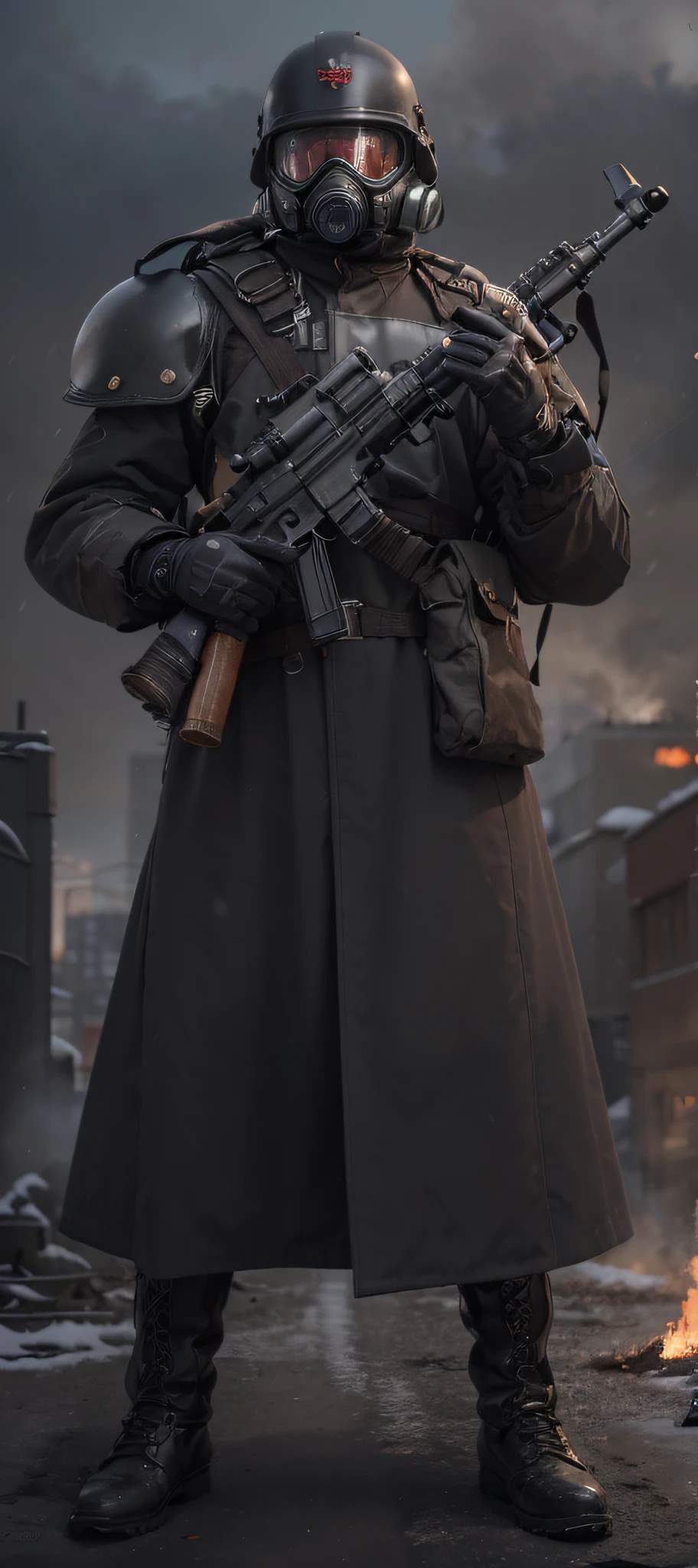 estrella roja pintadaMale soldier, gas mask, Dark gray helmet with red star in the middle, Dark brown Soviet style uniform, dark gray metal shoulder pads, black boots, gloved hands, Highly detailed hands, He carries a tomigun, he is in a snowy modern city, Fire , smoke, 4k, Ultra detailed image, realistic, Highly detailed, perfect composition, splendid, Intricately detailed, incredibly detailed, Art photography 8K, hyper detailed, Masterpiece, Ultra detailed, hyper realistic, 4k, Ultra detailed image, realistic, Highly detailed , perfect composition, gorgeous, Intricately detailed, incredibly detailed, 8K fine art photography, hyper detailed, Masterpiece