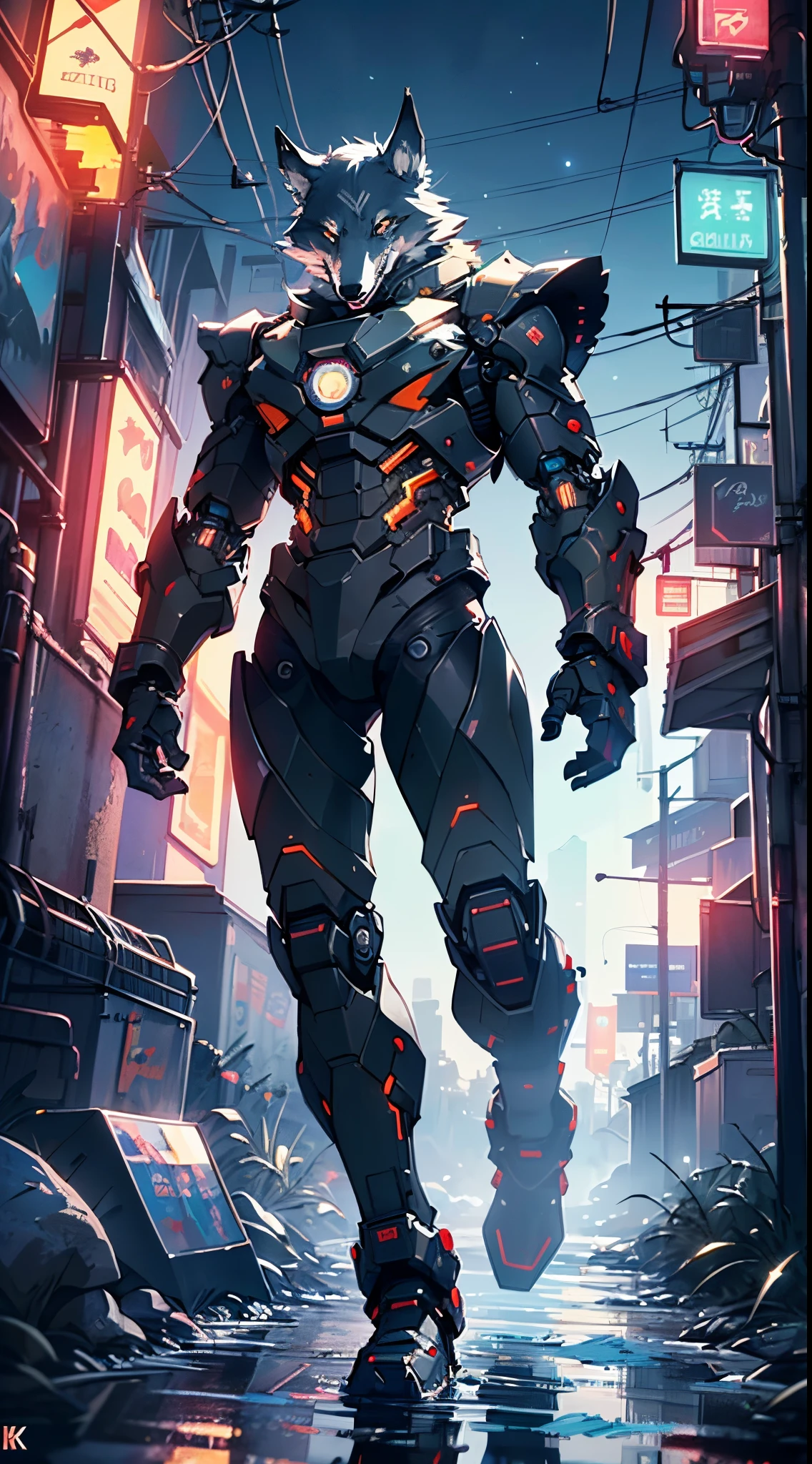 (((A mechanical wolf,cyborg wolf,cyborg-wolf,animal,wolf robot))),no human,detailed wolf,intricate mechanic wolf,robot animal,
epic, highly detailed full body of a gigantic feral mecha canine, sharp metal claws, cannon mounted on back, sleek armor, glowing visor, furry art, zoids art, furaffinity, sofurry,
(dynamic pose:1.0),solo focus,(centered,scale to fit dimensions,Rule of thirds),
cyberpunk city by the ocean at night, with bright neon signs and dark stormy clouds and puddles, scenery:1.25,nighttime, starry night, cosmos,Very dark night that makes the neon lights stand out, very bright neon lights,nighttime, starry night, cosmos,
highres, sharp focus, (ultra detailed, extremely detailed), (photorealistic artwork:1.37),(extremely detailed CG unity 8k wallpaper),((synthwave background theme)),(((vibrant colors))),(intricate background),(masterpiece),(best quality),