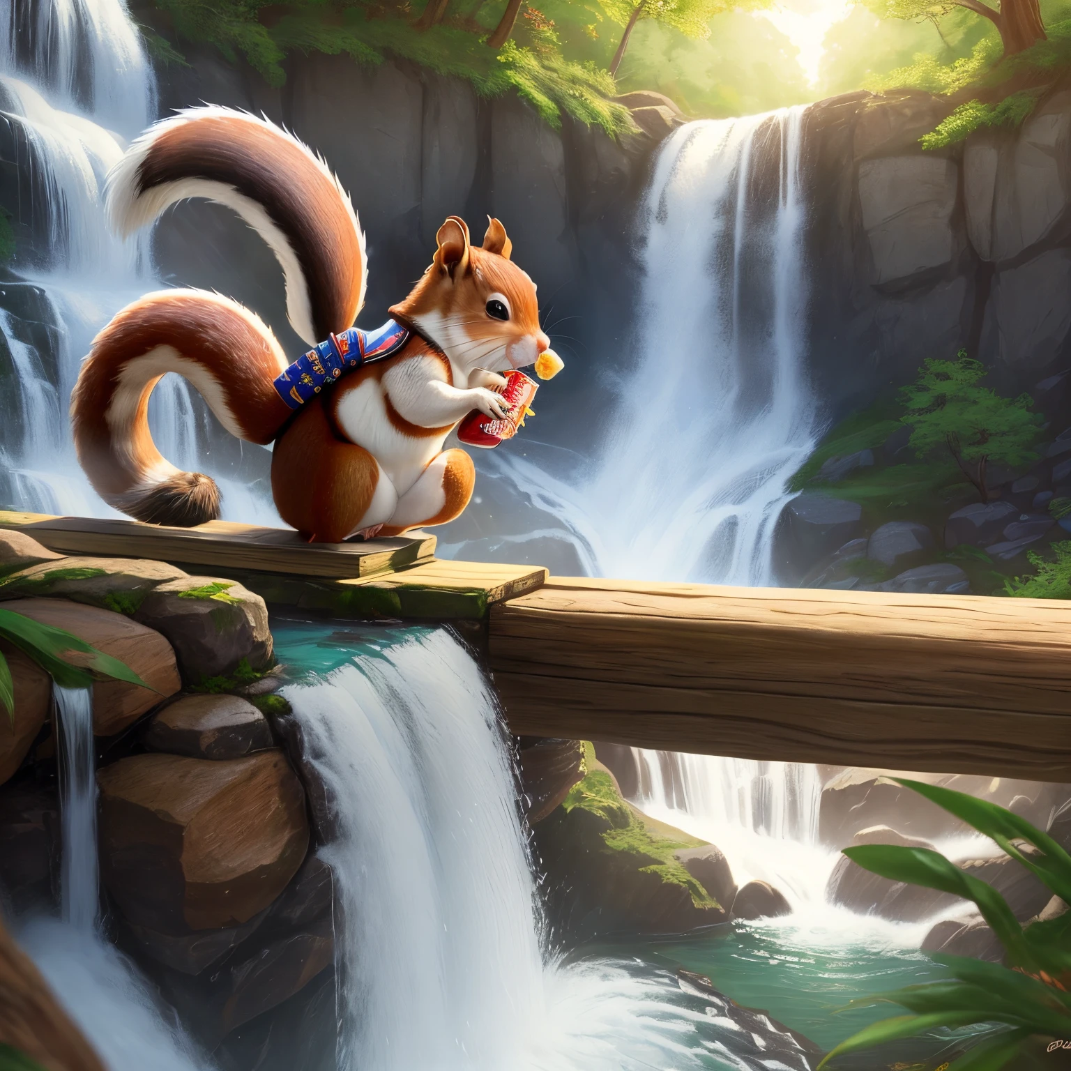 A samurai squirrel riding a honey bun down a waterfall of Cherry Pepsi