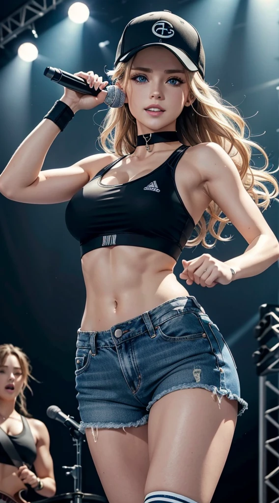 A 23-year-old white woman with unparalleled beauty.、blue eyess、dark blonde、hair is wavy、Longhaire、The ends of the hair are curled upwards、Singing passionately on stage at a music festival venue, dripping with sweat as he grips a microphone stand.、a smile、View from the front、She is wearing a black sports bra made by a sports manufacturer.、wearing a black choker、I'm wearing hot pants made of jeans fabric with tight distressing.、The navel is out、My abs are cracked、Slender yet well-proportioned muscular body、sunlight is shining from above、Photorealistic images、8K picture quality、I'm punching my chest、I don't want my head to disappear from the screen.、The color of the jacket is random、I'm wrapping my jacket around my waist、I'm pulling my hair up、Wearing accessories on your wrist、Only one leg is wearing thigh-high orange stockings.、wearing a baseball cap