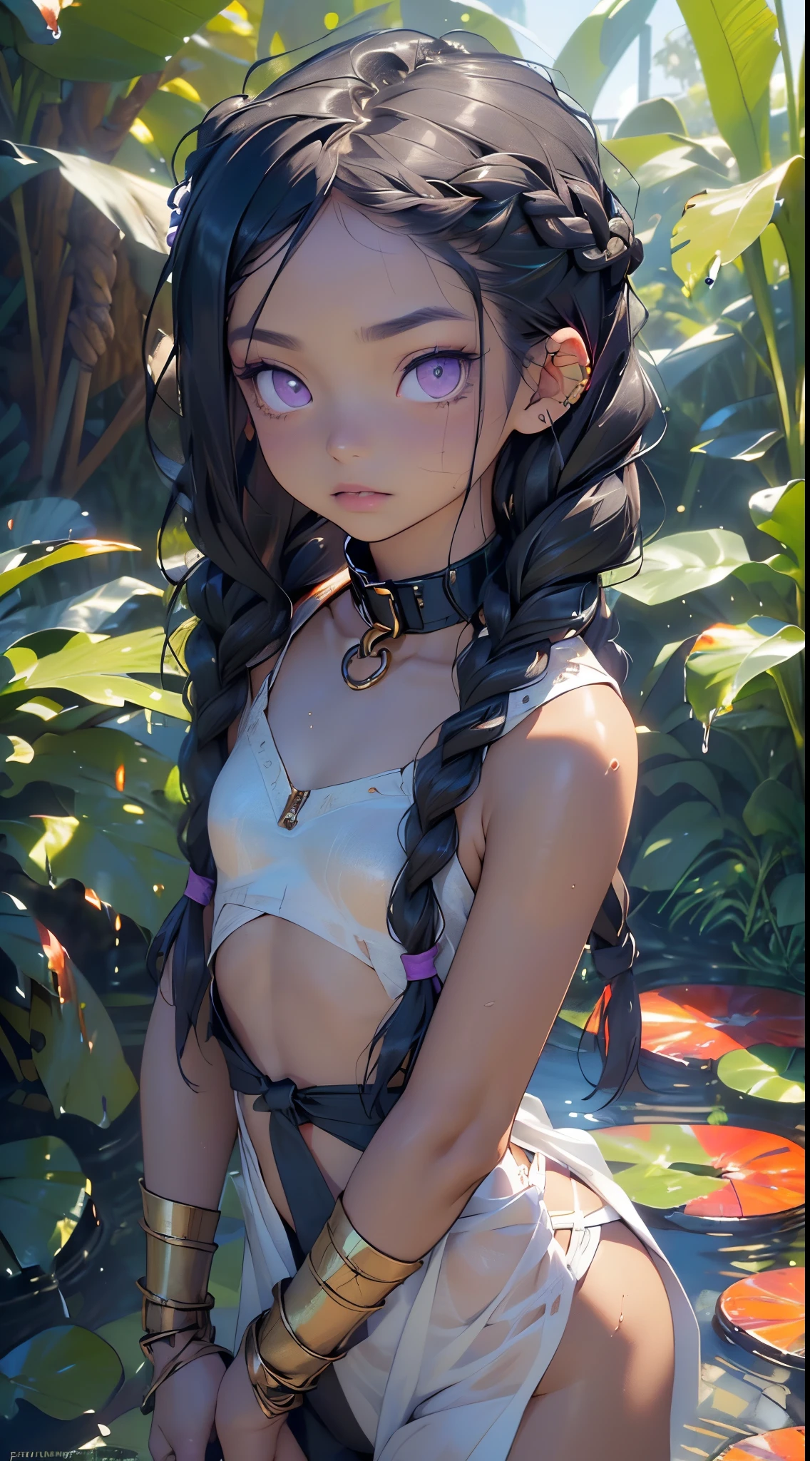 little  tribal,(((little ,small tiny body,,chibi,small))),(((6 years old))),(((1 toddler:1.4))),(baby face),(round face),(little chest),(big forhead:1.2),(beautiful big eyes:1.3),extremely detailed cute anime face,

(((flat chest))),((((long twin braids,tight braids,long braid,braided hair,long hime cut,dark hair,black hair,colored inner hair)))),(((purple_eyes:1.3))),intricate eyes,beautiful detailed eyes,symmetrical eyes,(big eyes:1.5),((((lustrous skin:1.5,tanned skin,bright skin: 1.5,skin tanned,shiny skin,very shiny skin,shiny body,Reflective skin)))),(((detailed face))),beautiful detailed lips,

(cute,kawaii,(nsfw)),🦄,🌈,

sleeveless, ((ripped crop top)), , (((pelvic curtain))), cutout, (deep wide cleavage), ((Choker with chains)), ((slave tattoo)), (queen of spades tattoo), Torn clothes,navel,barefoot,bare arms,exposed belly button,necklace,(tribal clothing),((black clothes,wet clothes,intricate outfit)),

dynamic pose,looking at viewer,embarrassed,centered,scale to fit dimensions,Rule of thirds,

((exploring a dark cave with rough, wet stone walls. The gems embedded in the walls emit a soft glow that illuminates the scene. Green moss and climbing ivy grow in the wettest areas of the cave)),scenery,extremely scenery,

(Glossy Egyptian ornaments),highres,sharp focus,(ultra detailed,extremely detailed),(photorealistic artwork:1.37),(extremely detailed CG unity 8k wallpaper),(((vibrant colors,vibrant theme))),(intricate),(masterpiece),(best quality),artistic photography,(photography taken by sldr),(intricate background),perfect rendered face,perfect face details,realistic face,photo realistic,((intricate detail)),(((realism))),
