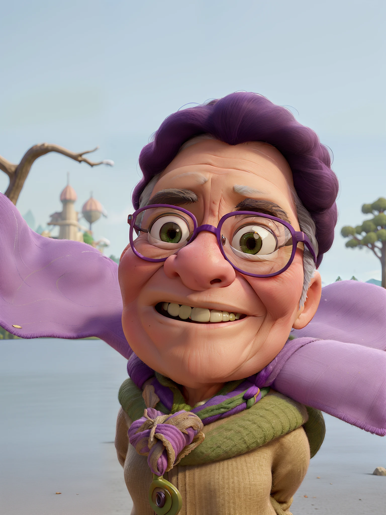 masterpiece, best quality, an old woman with glasses and a scarf on, wearing a purple coat and green scarf, standing at the park