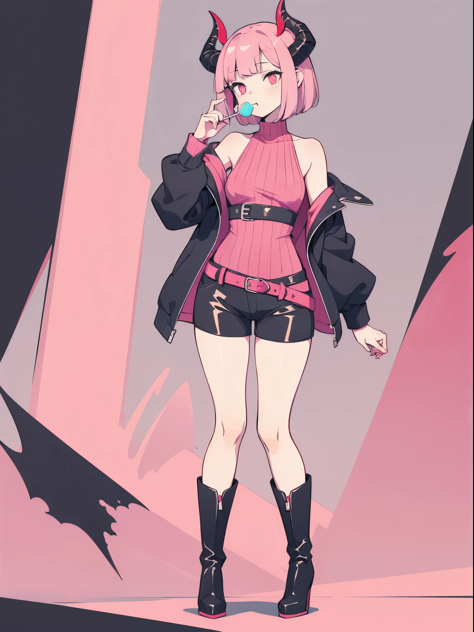 Flat design, flat color, Adobe Illustrator, solid color, deformed design, tall girl with devil horns, languid glance, lick a lollipop, short bob, high-neck rib knit top, leather shorts, high waist, absolute territory, black knee-high boots, coexistence of shocking pink and black.