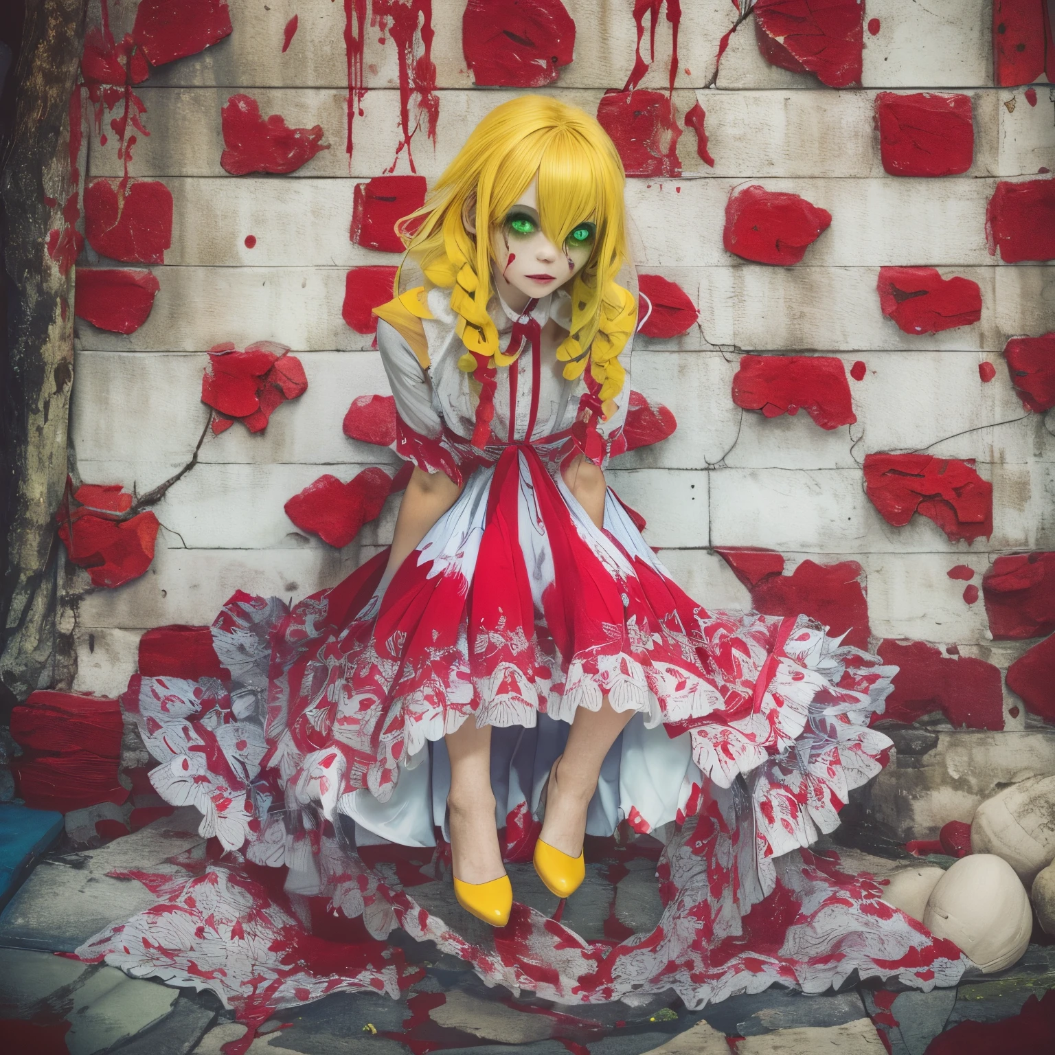 2Girls, ((bright yellow hair)), yellow braids, blue and white frock, green eyes, brown shoes, frock in white and crimson fabrics, BREAK Girl, purple hair, red and white frock, Holes for Eyes, bleeding eyes, Horror, red bow in the hair, brown shoes, frock in white and crimson fabrics, Horror, scary girl