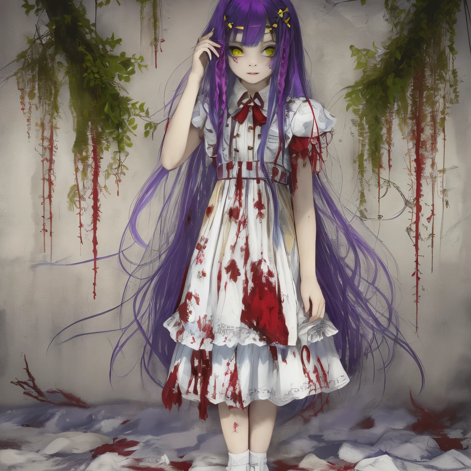 2Girls, ((bright yellow hair)), yellow braids, blue and white frock, green eyes, brown shoes, frock in white and crimson fabrics, BREAK Girl, purple hair, red and white frock, Holes for Eyes, bleeding eyes, Horror, red bow in the hair, brown shoes, frock in white and crimson fabrics, Horror, scary girl