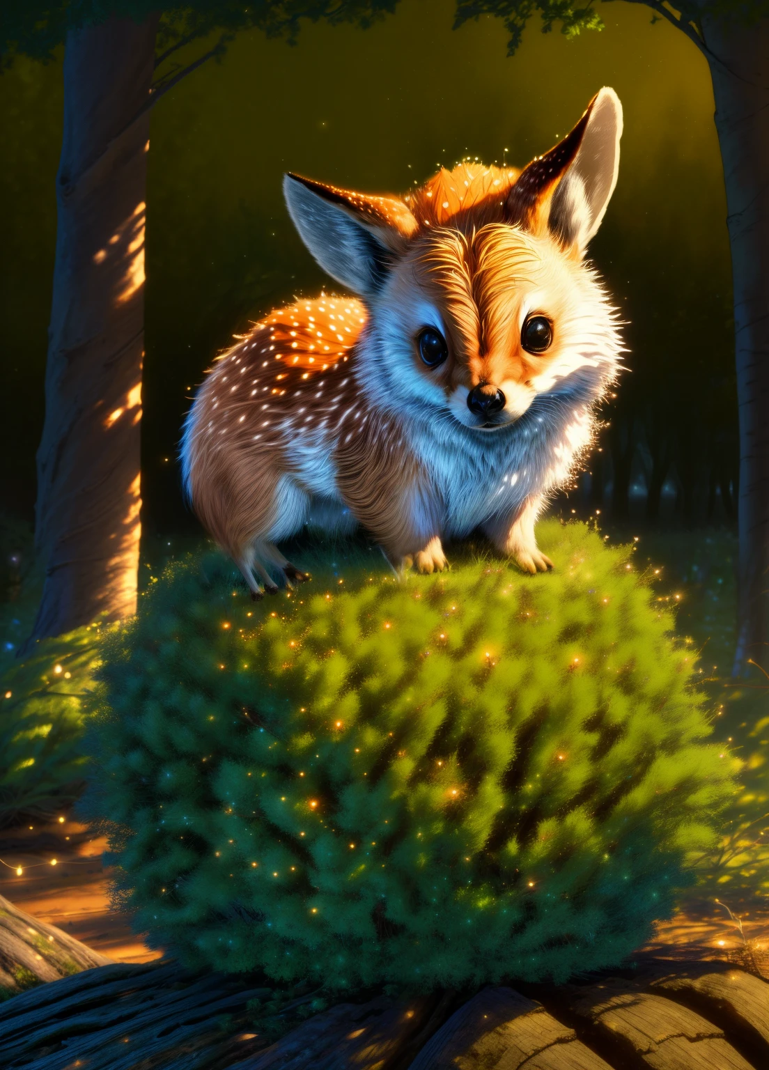 (best quality,4k,8k,highres,masterpiece:1.2),ultra-detailed,(realistic,photorealistic,photo-realistic:1.37),Enchanted forest, *********** illuminated by the soft moonlight,playful foxes,graceful fawns,adorable cubs,wise owls,cute bunnies,prickly hedgehogs gather under the celestial beauty,portraits,landscape,photography,vivid colors,warm tones,soft lighting,peaceful ambiance