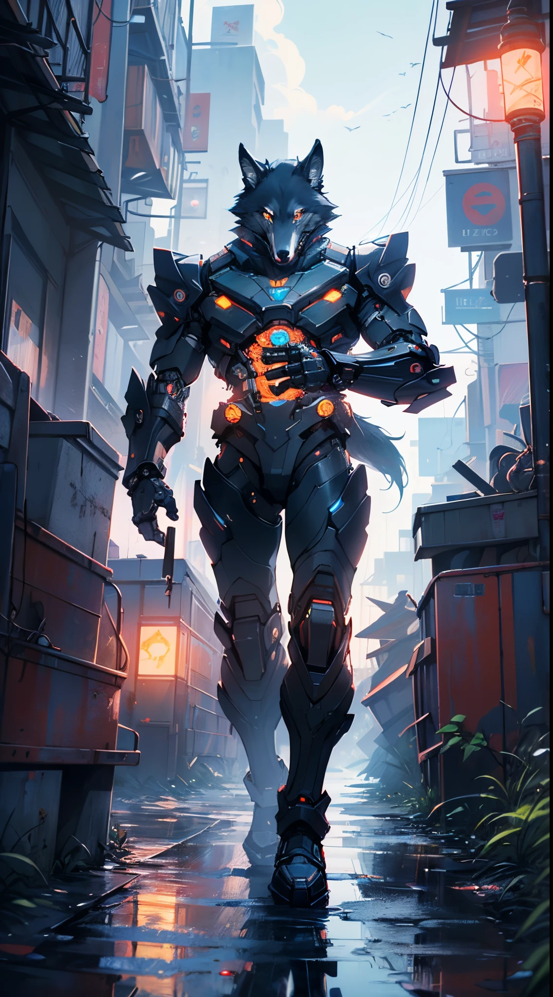 (((A mechanical wolf,cyborg wolf,cyborg-wolf,animal,wolf robot))),no human,detailed wolf,intricate mechanic wolf,robot animal,
epic, highly detailed full body of a gigantic feral mecha canine, sharp metal claws, cannon mounted on back, sleek armor, glowing visor, furry art, zoids art, furaffinity, sofurry,
(dynamic pose:1.0),solo focus,(centered,scale to fit dimensions,Rule of thirds),
cyberpunk city by the ocean at night, with bright neon signs and dark stormy clouds and puddles, scenery:1.25,nighttime, starry night, cosmos,Very dark night that makes the neon lights stand out, very bright neon lights,nighttime, starry night, cosmos,
highres, sharp focus, (ultra detailed, extremely detailed), (photorealistic artwork:1.37),(extremely detailed CG unity 8k wallpaper),((synthwave background theme)),(((vibrant colors))),(intricate background),(masterpiece),(best quality),