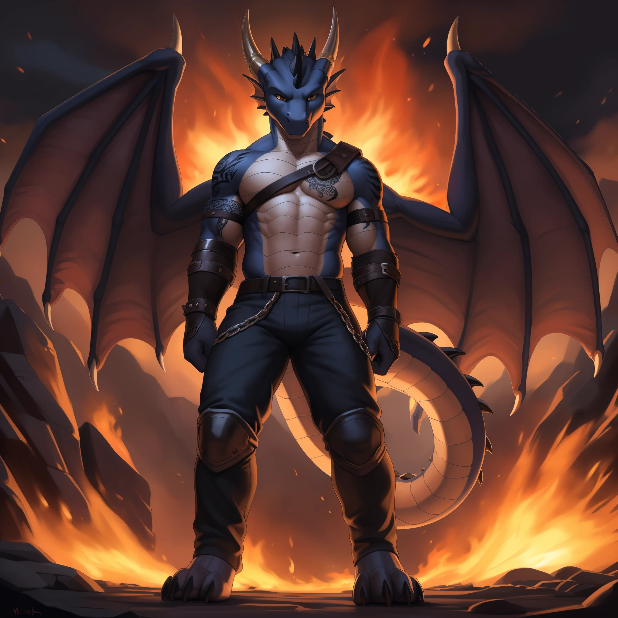 (masterpiece, best quality, high quality, highres:1.4), detailed, extremely detailed, dark lighting, 4K, (by ruaidri), yupa, kiyosan,(by meesh), (by fffffolder)), delga: ( slim, athletic, dragon, black body, smooth skin, athletic muscle, anthro legs, ((young)), (dragon feet), (toe claw), black spikes, (detailed eyes), dragon horn, ((dragon tail)), ((dragon wings)), tail attached to waist, bare_shoulders, (clothing, handwear:(vambraces), bottomwear:(pants:black, [[leg armor]]))), beautiful, closed_mouth, ((serious_look, menacing)) tag:1boy)), standing in a battlefield, covered in tattoos, has tattoos, tattoos covering the chest and arms, tattoo sleeves on both arms, flames coming off the skin, ((black flame)), fire, walking through flames, fire billowing off body, close up, portrait, ((no bad anatomy))