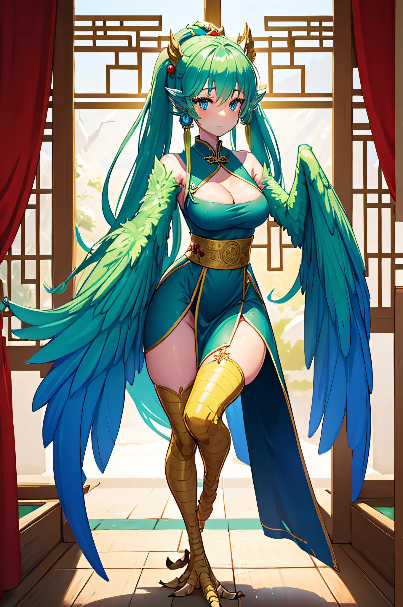 4k,hight resolution,One Woman,harpy,Green hair,poneyTail,Blue eyes,Sexy face,huge tit,snow-white wings,golden toenails,ancient chinese princess,fantasy cheongsam dress,ancient chinese crown