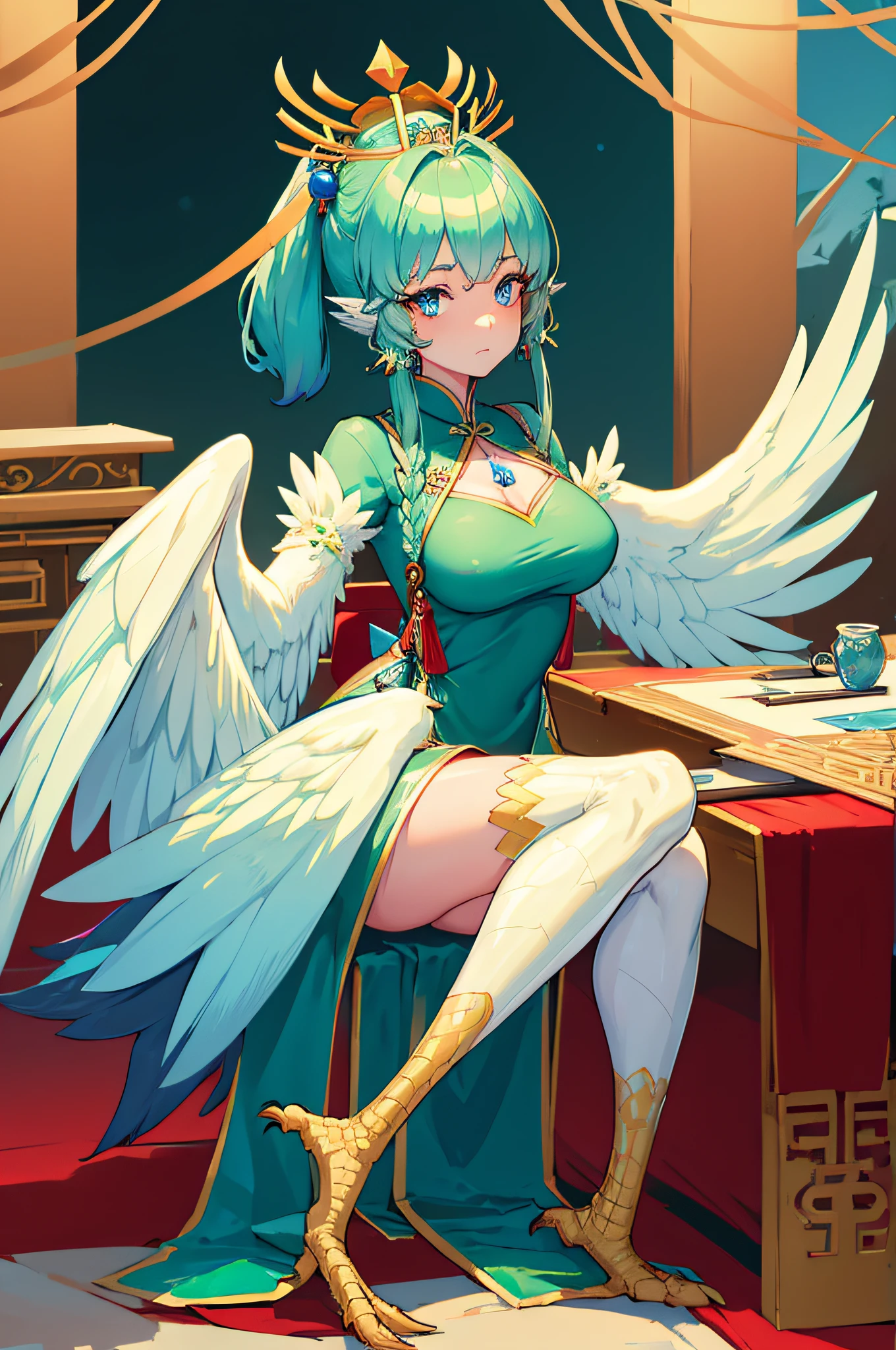 In this captivating artwork, a stunning harpy with a seductive smile graces the scene, her form exuding an alluring charm. With an astute touch, her majestic wings gracefully conceal her body, effortlessly enhancing the enticing atmosphere. This lavish depiction, be it a meticulously created painting or an exquisitely captured photograph, showcases the harpy's captivating beauty in exquisite detail. The image exudes a sense of high aesthetic quality, with every single element meticulously crafted to create a mesmerizing visual masterpiece.
