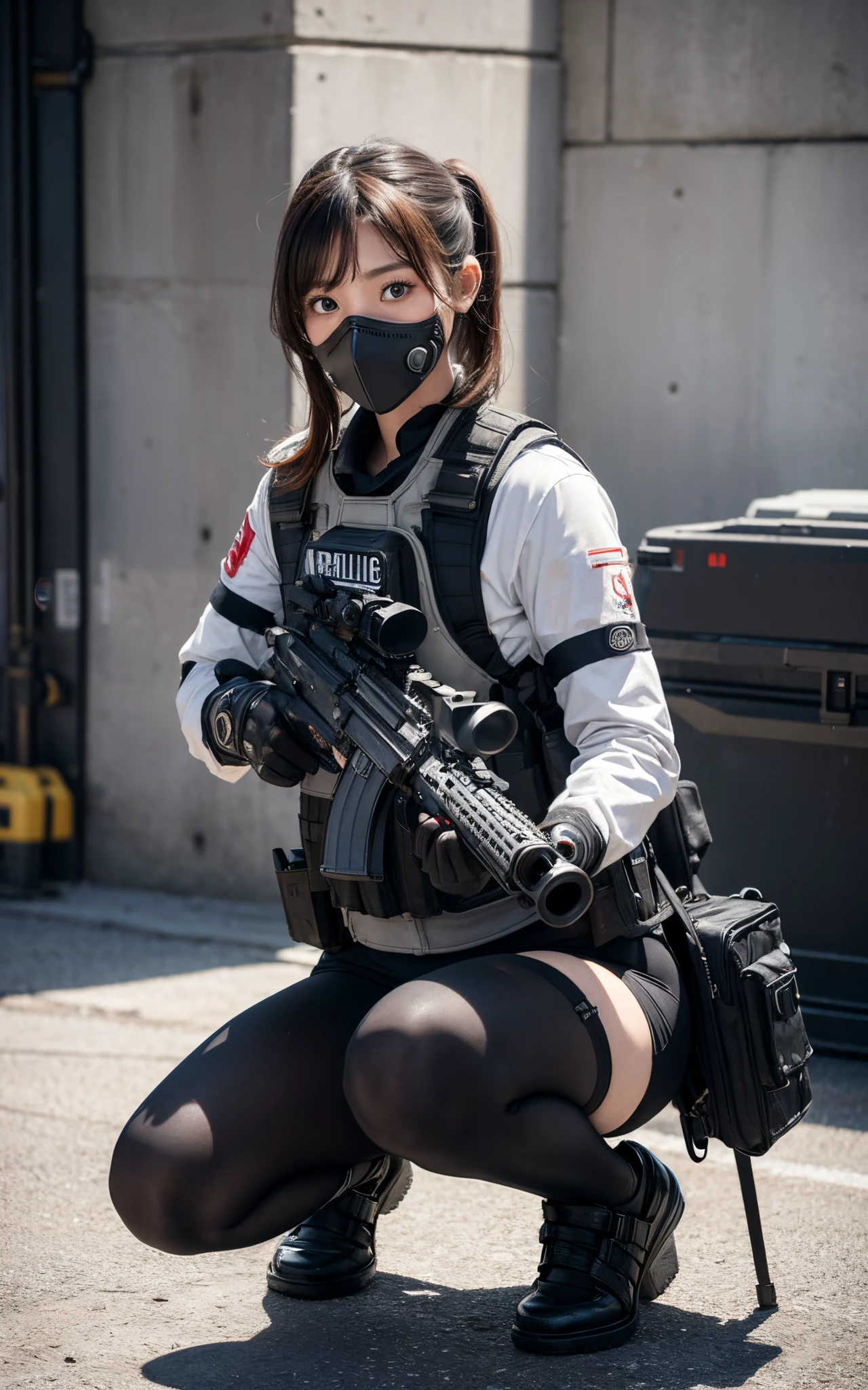 arafed woman in a uniform holding a gun and wearing headphones, m4 sopmod ii girls frontline, mechanized soldier girl, holding pdw, with rifle, anime girl cosplay, kanliu666, inspired by Leng Mei, anime cosplay, girls frontline style, professional cosplay, holding a mp7, wearing techwear and armor, mp5s