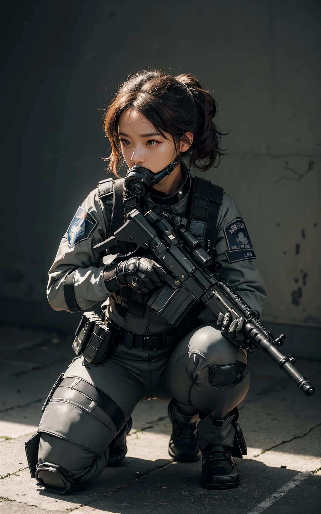 ((best quality, (masterpiece), photorealistic, photorealism, Photorealistic, high resolution)), 1girl full body, aiming with an assault rifle, another girl squatting behind, Combat pose, a bit chubby, (Detailed face), (wearing rash-guard likes police uniform, gloves, black and grey mecha, wearing futuristic-gasmask, black tights, military harness, holding a machinegun, carrying hich-tech-launcher), background grey wall, Fingers are occluded