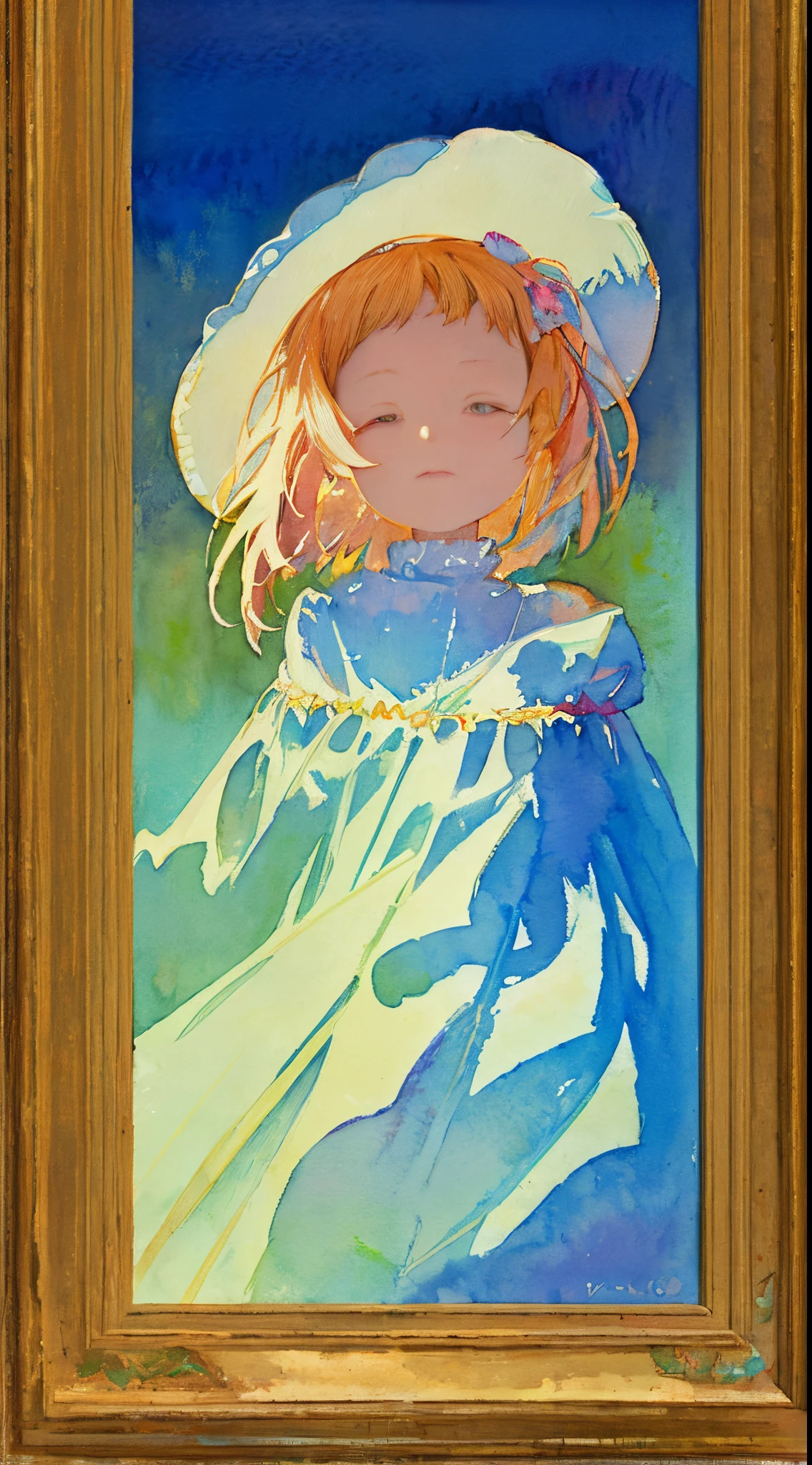 watercolor paiting、Pale shades、Beautiful colors、parfect anatomy、cowboy shot、Girl Closing Her Eyes、Cute little girl s