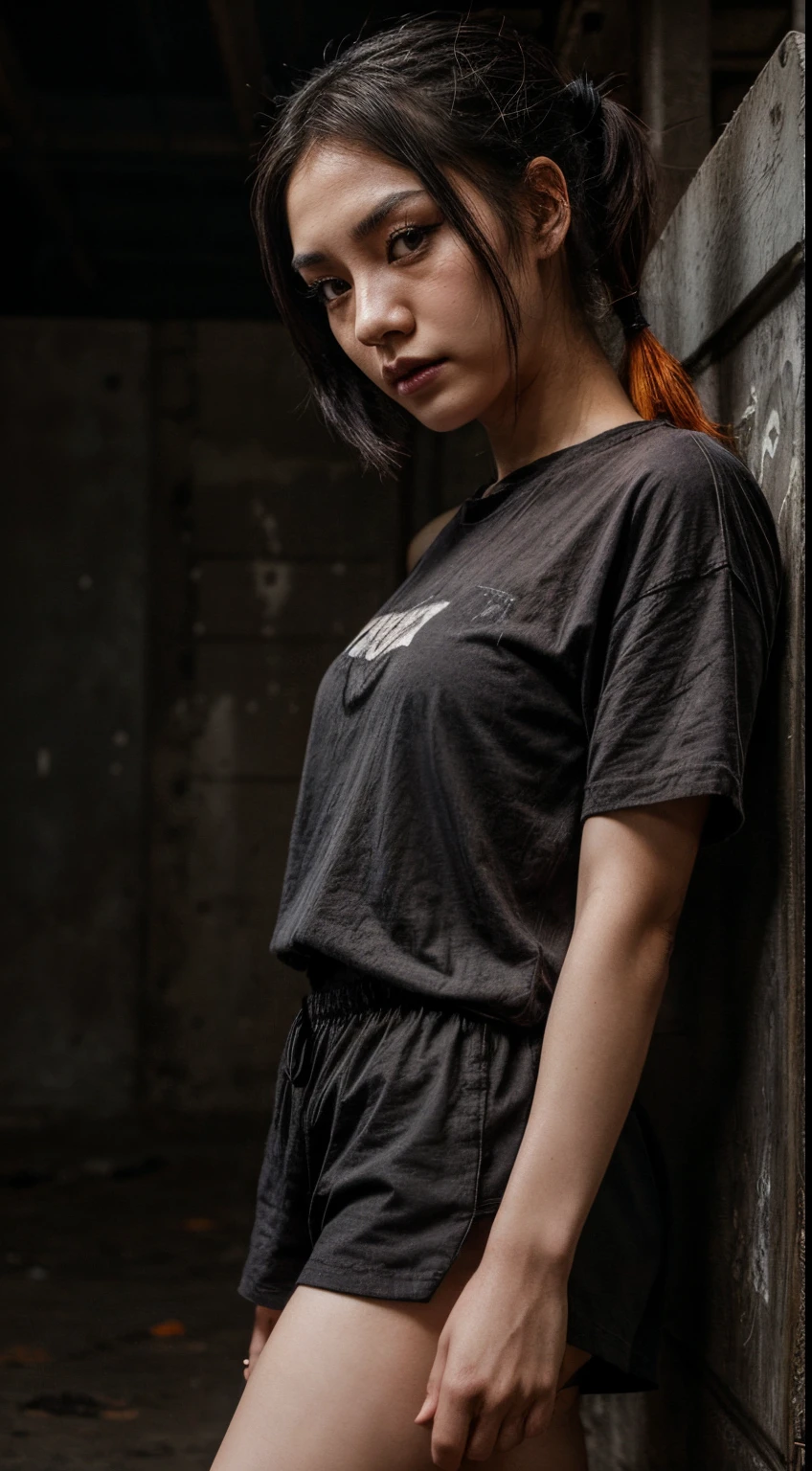 👭, 2thai girl, pale_skin, random color hair, random ponytails, dark smoky eyes, black eyes liner, black lips, punk rock girl, oversized orange shirt, bottomless, random basic pose, against random epic background