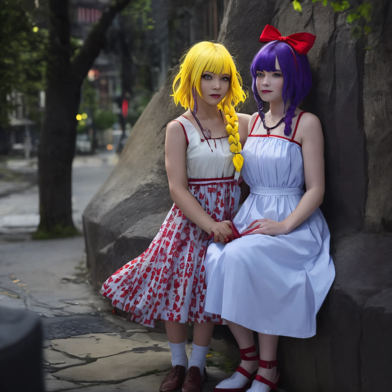 2Girls, ((bright yellow hair)), yellow braids, blue and white frock, green eyes, brown shoes, frock in white and crimson fabrics, BREAK Girl, purple hair, red and white frock, Holes for Eyes, bleeding eyes, Horror, red bow in the hair, brown shoes, frock in white and crimson fabrics, Horror, scary girl