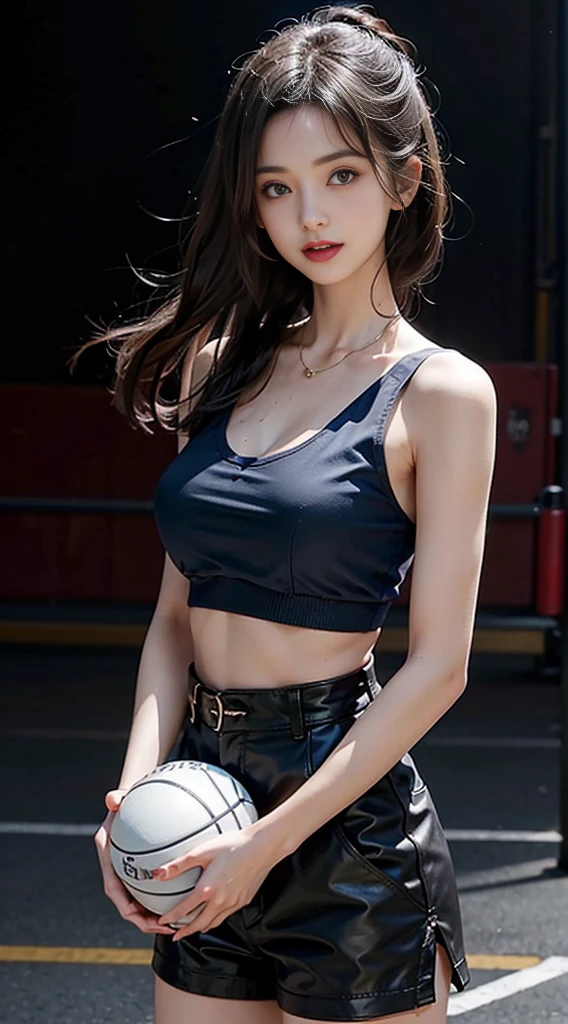 A girl, on the basketball court, ((fully visible)), away from the spectators, beautiful, pretty, cute, cute, young, ager, slim, slender, petite, thin, (big breasts), (big breasts), (big breasts). She was sweaty, wet, and drenched, The clothes are transparent, there is sweat on the skin, and the hair is wet, She grinned and smiled, She looks natural, relaxed and unpretentious. Scheming face, Make faces, (sticking out his tongue), telling a secret, hiding a secret, shyness, excitement, She stared at the audience, black long layer hair, She wore a school uniform, a rolled up shirt with a collar, a colored corduroy sports bra under the shirt, leather shorts, two layers, Shirt lift, Camera focused on her face, light shining on her face, very large aperture, ((f/1.2)), shallow depth of field, strong blur in background lens, ISO 3000, auto white balance, extremely detailed, professional lighting, soft light, raw photos, Uniqlo fashion models, best quality, masterpiece, award-winning photography, huge file size, 8k, high resolution, shot on Sony DSLR.