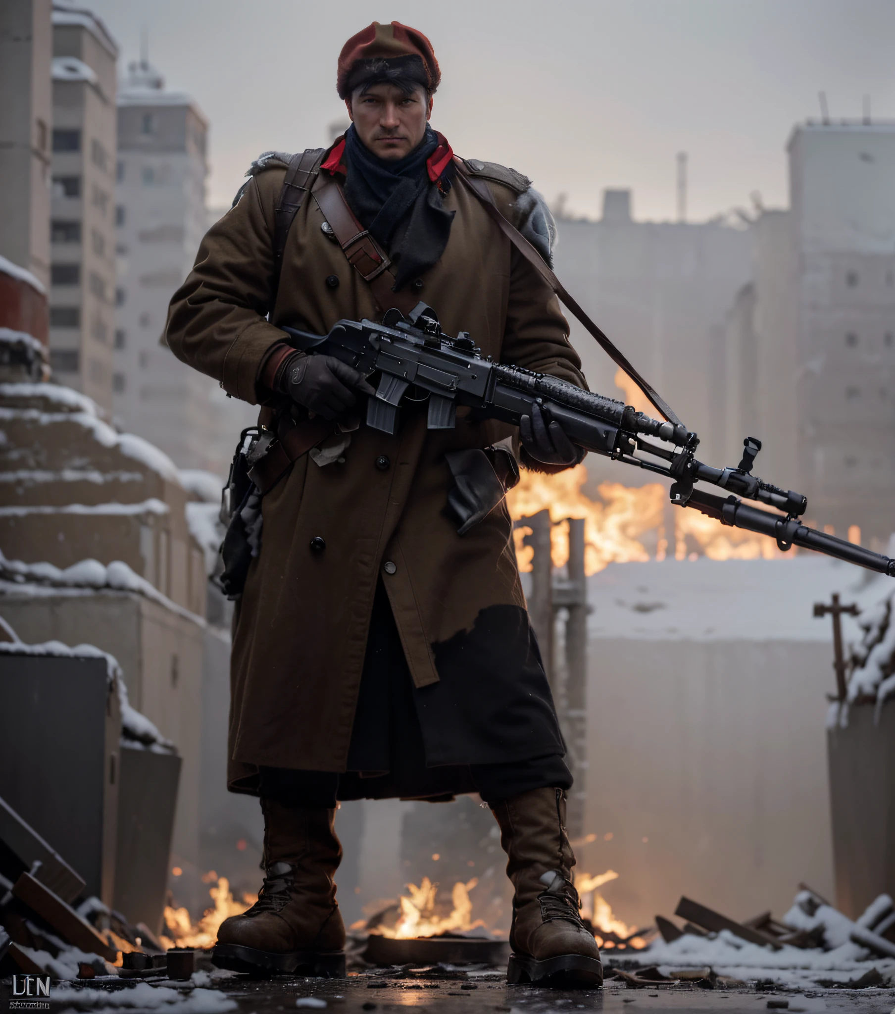 Soviet male soldier, Polish features, brown hat, dark red Soviet winter uniform, belts with ammunition, He carries a machine gun, this is in a completely destroyed modern Polish city, Cold colors of the snowy day, Fire, destroyed tanks, smoke, rubble, Light Low light, 4k, Ultra detailed image, realistic, Highly detailed, perfect composition, splendid, Intricately detailed, incredibly detailed, Fine art photography 8K, hyper detailed, Masterpiece, Ultra detailed, hyper realistic, 4k, Ultra detailed image, realistic, Highly detailed , perfect composition, gorgeous, Intricately detailed, incredibly detailed, 8K fine art photography, hyper detailed, Masterpiece