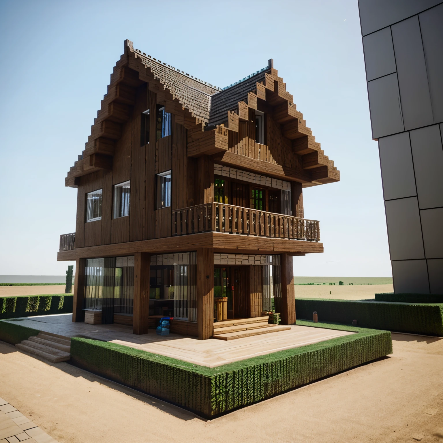 wooden minecraft house with a flat roof that has a wooden tower attached to the right side. front view.