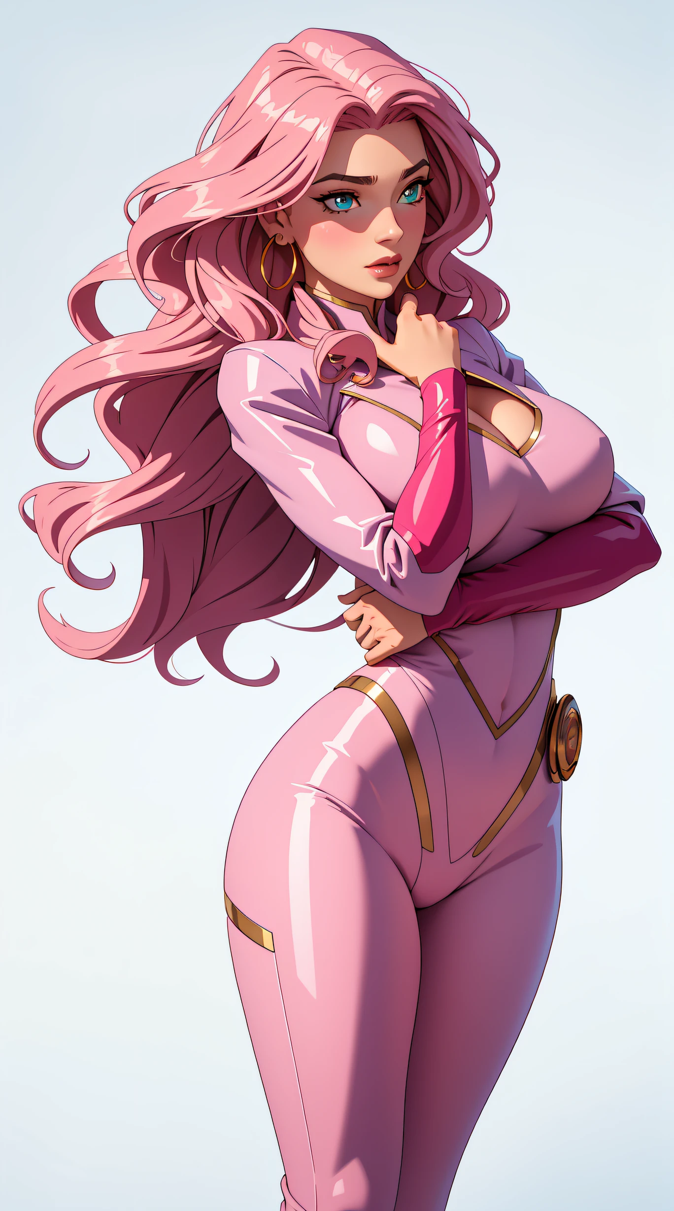 (best quality:1.5, highres, UHD, 4K, detailed lighting, shaders), pink wavy hair, gradient hair, large breasts, suit, social lomg pants, mature woman , (pov), white background, colorful eyeshadow, dramatic lighting, sparkling eyes, sensual expression, golden earrings, flowing hair, delicate facial features, soft skin, high cheekbones, urban setting, white background, dont look for the camera, lean forward, Render 4 poses,