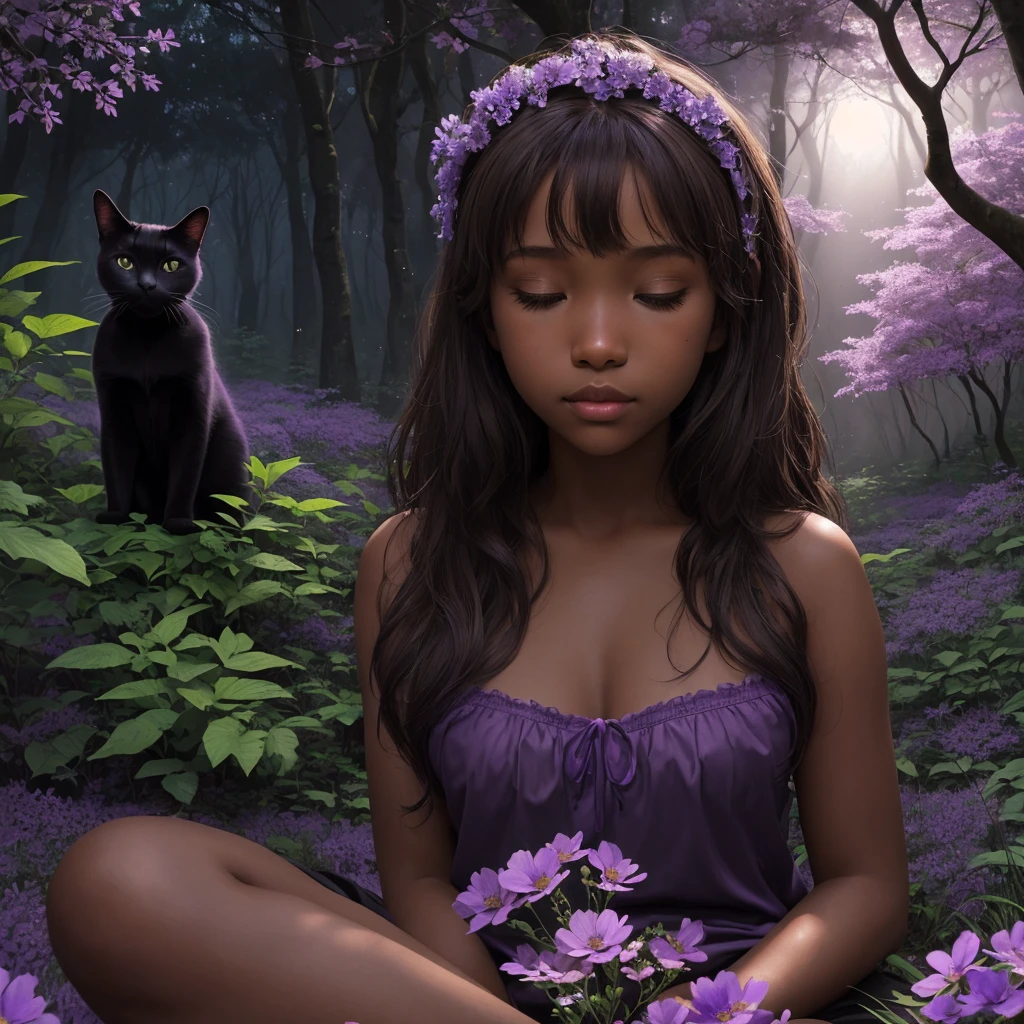close-up: a dark-skinned girl sleeps alone in the night forest in a clearing with purple cats, one black cat sits next to her