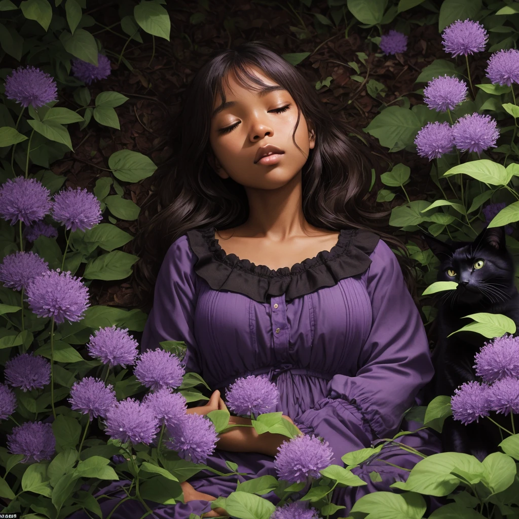 close-up view: a girl, light brown skin color, sleeps alone in the night forest in a clearing with purple flowers, one black cat sits next to her