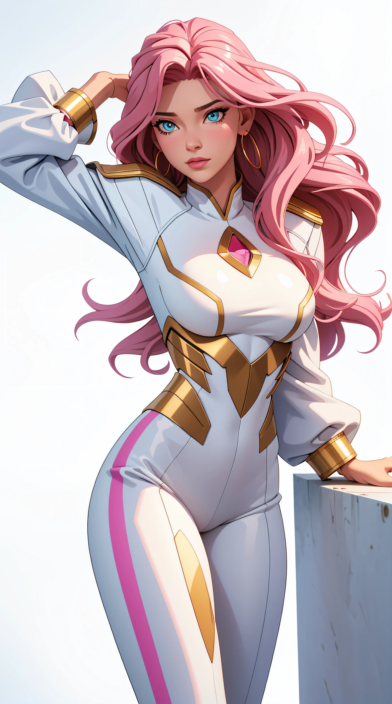 (best quality:1.5, highres, UHD, 4K, detailed lighting, shaders), pink wavy hair, gradient hair, large breasts, suit, social lomg pants, mature woman , (pov), white background, colorful eyeshadow, dramatic lighting, sparkling eyes, sensual expression, golden earrings, flowing hair, delicate facial features, soft skin, high cheekbones, urban setting, white background, dont look for the camera, lean forward, Render 4 poses,