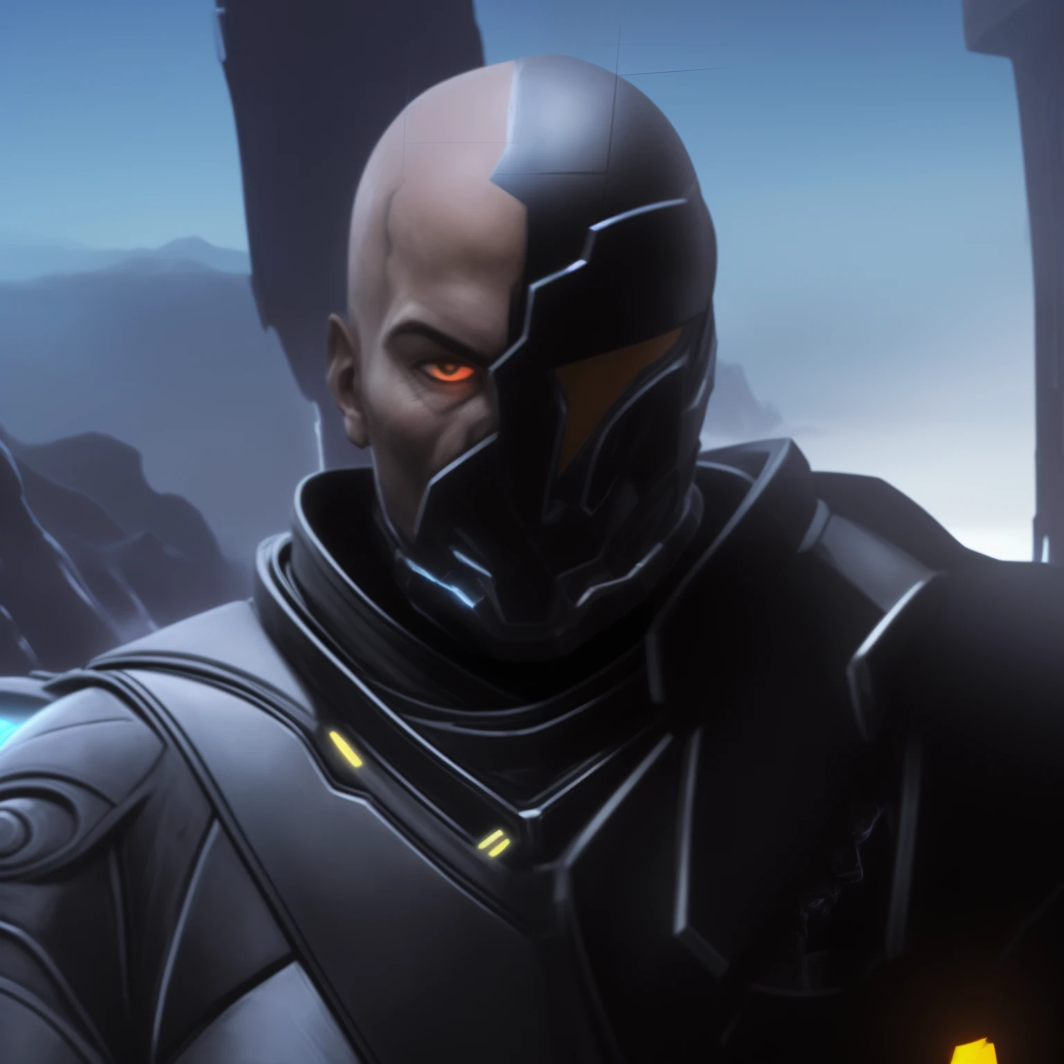 arafed man in a futuristic suit standing in front of a mountain, metabaron, turian, inspired by Rajmund Kanelba, bioware, starcraft 2 videogame character, clothed in stealth armor, clothed in sci-fi military armor, dren from splice, face of an armored villian, anfas portrait of a mech warrior