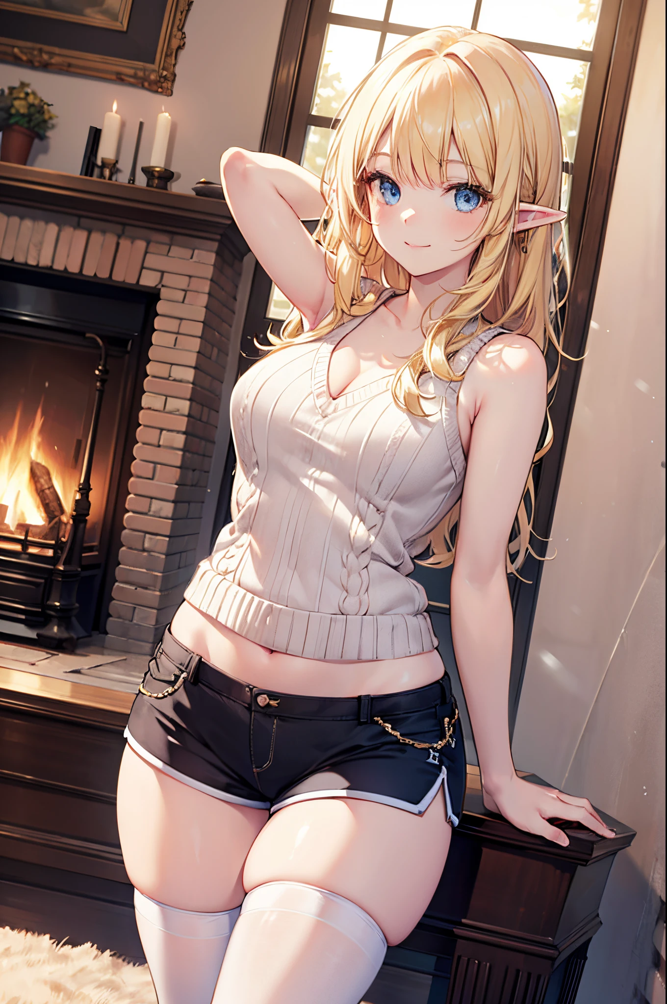 Realistic image, Detailed image, 1 small elf. Long silky loose hair, blonde hair, Blue eyes, Long eyelashes. Sleeveless sweater, Pajama V-neck sweater. Pajama fabric minishorts. Stockings to mid-thigh. Medium breasts, slim waist, wide hips and thick thighs. smiling. Arched back. Living room with fireplace. Winter. Snowy day. Volumetric light. Ambient light.