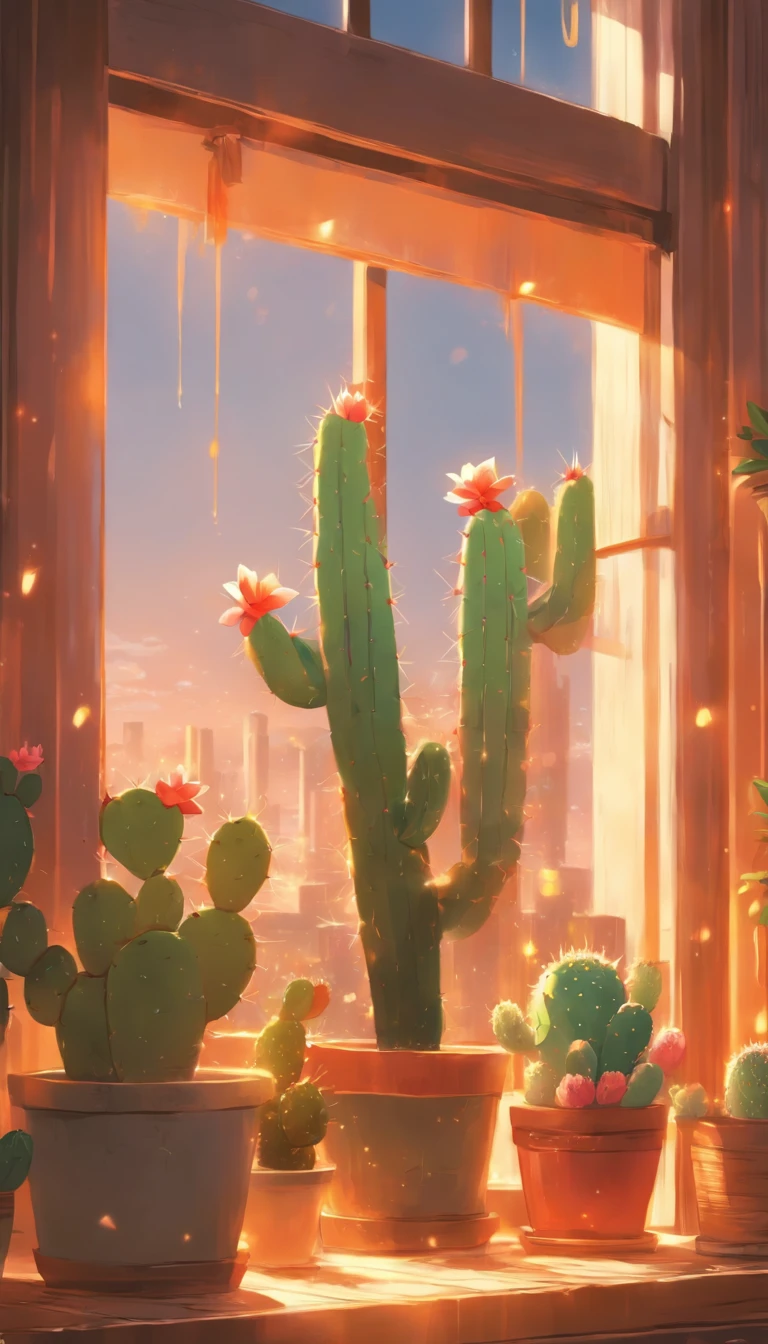 (masterpiece, best quality, ultra-detailed, 8k wallpaper), a pot of cute cactus on a window sill, natural lighting