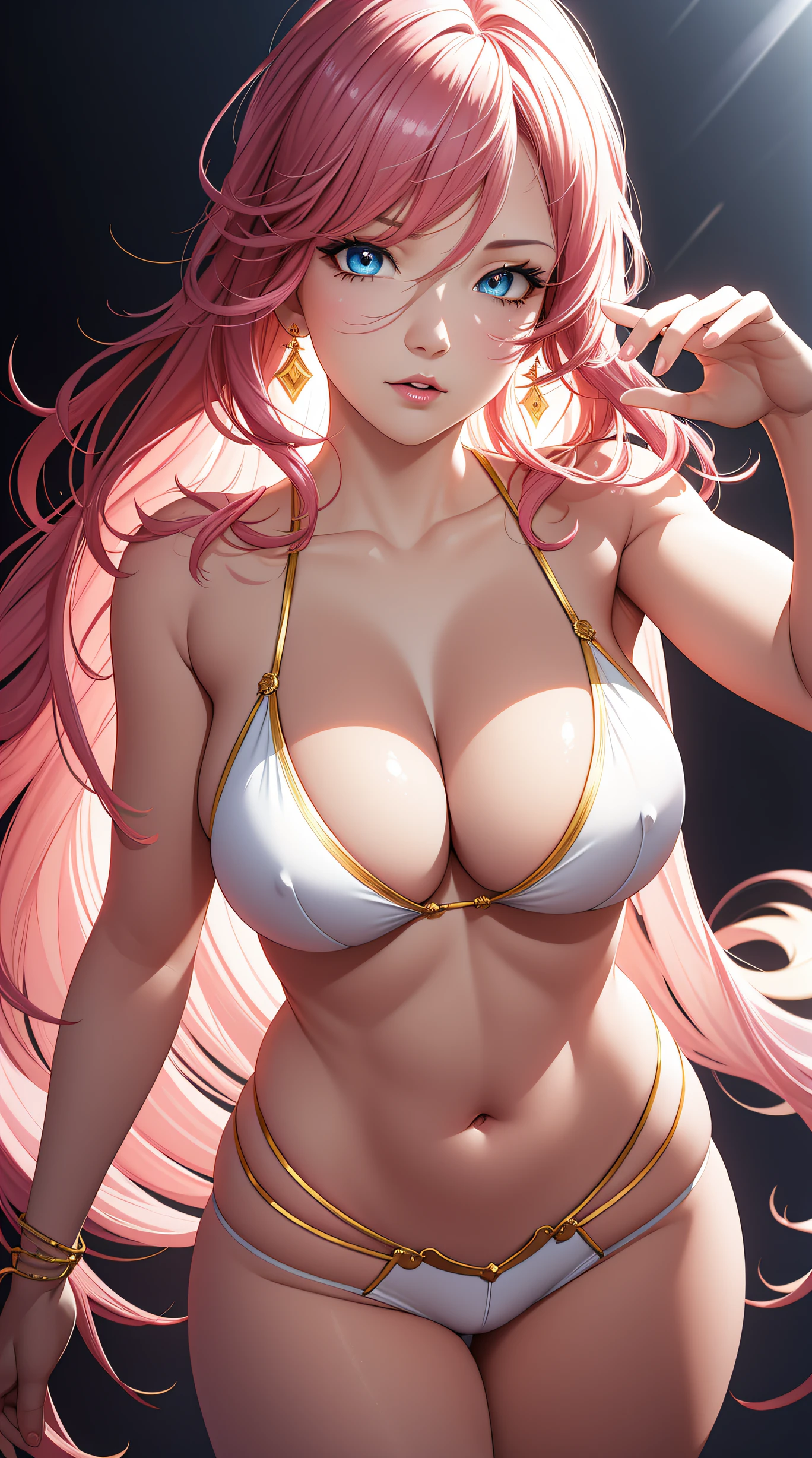 (best quality:1.5, highres, UHD, 4K, detailed lighting, shaders), pink wavy hair, gradient hair, large breasts, suit, social lomg pants, mature woman , (pov), white background, colorful eyeshadow, dramatic lighting, sparkling eyes, sensual expression, golden earrings, flowing hair, delicate facial features, soft skin, high cheekbones, urban setting, white background, dont look for the camera, lean forward, Render 4 poses,