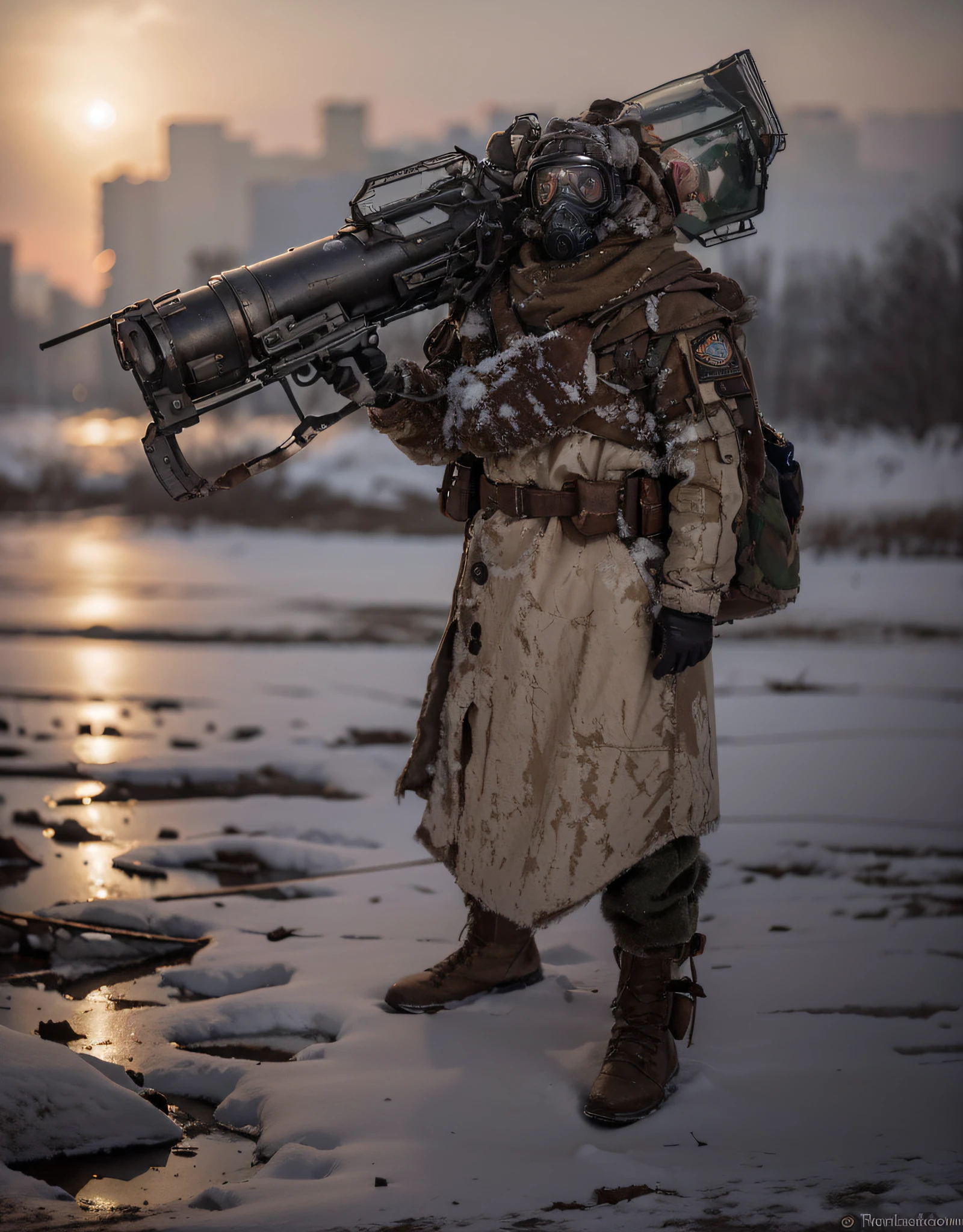 Soldier in brown soviet style winter uniform, Detalles rojos, casco gris, full head gas mask, Guantes de cuero negro, hombreras de metal gris, sosteniendo un pesado lanzacohetes apoyado sobre su hombro, It is in a completely destroyed Russian city, Fuego y humo, winter snowy day, realista, 4k, Imagen ultra detallada, realista, Altamente detallado, perfect composition, splendid, Intrincadamente detallado, Incredibly detailed, 8 k artistic photography, hiper detallado, Obra maestra, Ultra detallado, hiperrealista, 4k , Imagen ultra detallada, realista, Altamente detallado, perfect composition, Beautiful, Intrincadamente detallado, Incredibly detailed, 8 k artistic photography, hiper detallado, Obra maestra