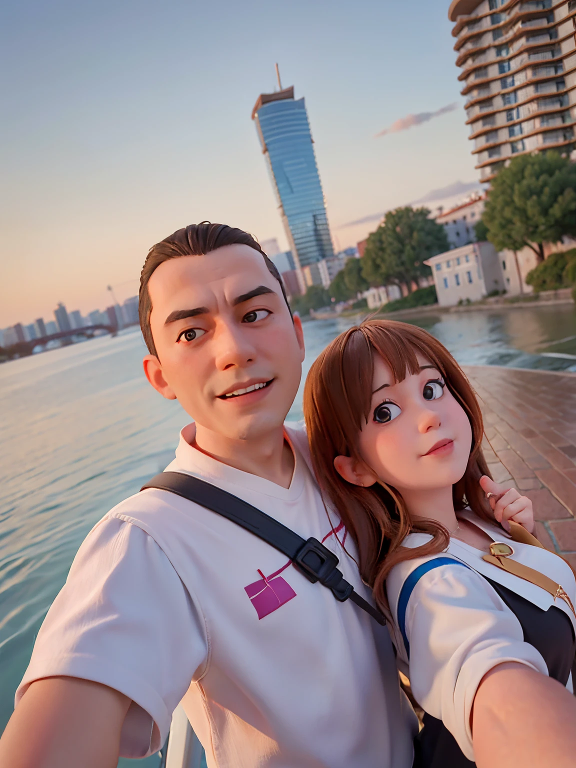 there is a man and a woman taking a selfie by the water, ayanamikodon and irakli nadar, 8k selfie photograph, lovely couple, russian girlfriend, with a city in the background, vacation photo, szekely bertalan and lotz karoly, in city street, vitaly bulgarov, they are in love, couple