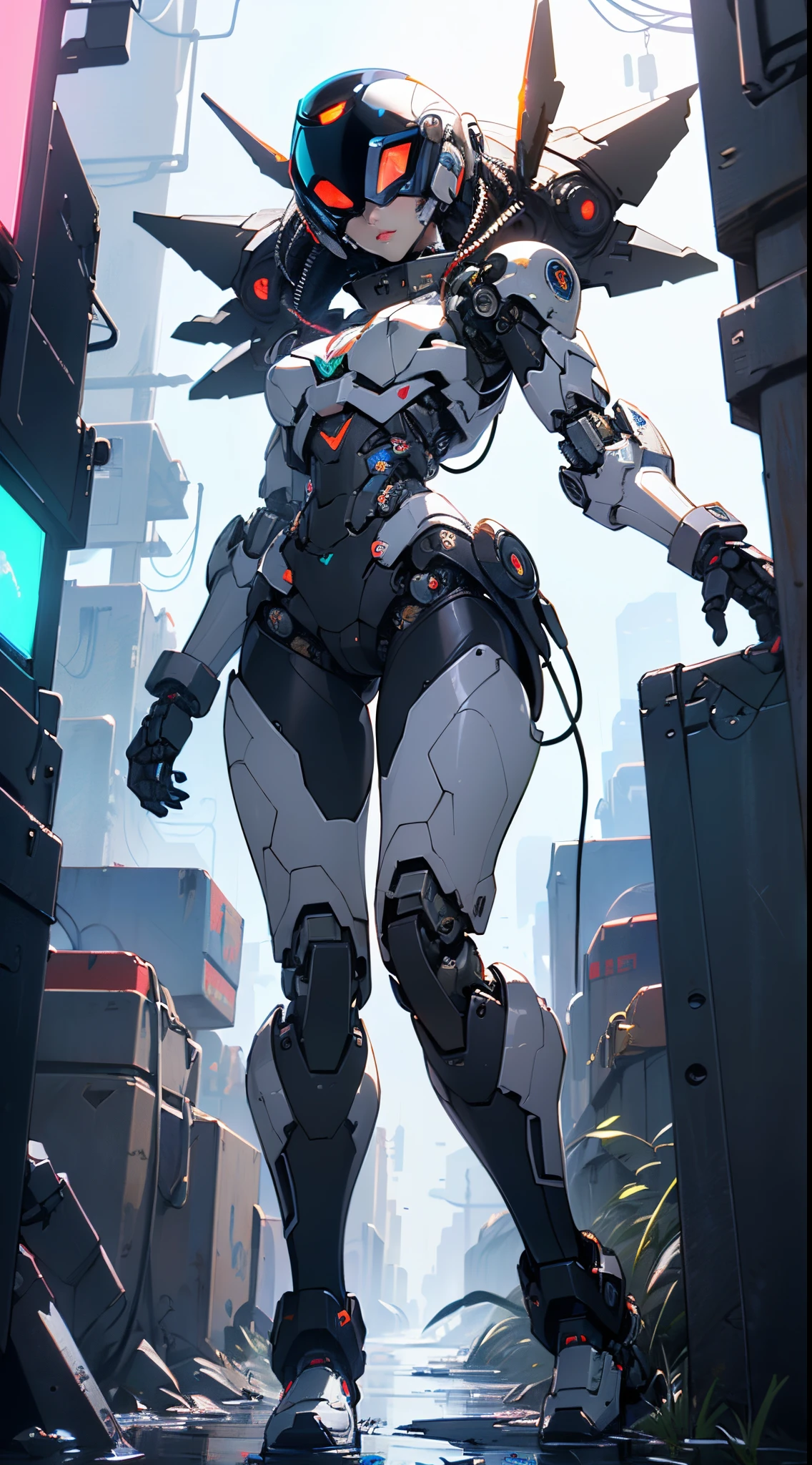 (((girl robot))),assaultron, itrobo2022, 1girl,robot,humanoid robot,robot joints,joints,black robot helmet,black armor,head-mounted display,humanoid robot,white robot joints,one-eyed,white joints,no humans,((black armor)),wide hips,curvy,mechanical arms,crotch plate,science fiction,post-apocalypse,outside,large breasts:1.4,(very long legs:1.4),

reelmech,cyborg girl,(cyborg girl:1.5),android,((mechanical robot girl)),

(((doll))),((((black skin,doll joints:1.5,mechanical hands:1.5,black armored dress,tesla coils,mechanical doll:1.5,Body of a machine,black metallic skin,ball joint,cyborg:1.5,robotic parts,robot)))),(Mechanical joints: 1.4,Mechanical limbs),mecha armor suit, full face armor, full body armor,

lot of rgb,(spider lower abdomen),

(nsfw),

motorcycle black helmet,(wearing head-mounted display that is chunky and hi-tech with neon lights:1.2),corporate logos,complete black helmet,no face,black body,black skin,black robotic body,((((technological face mask,Cybernetic_Jawless, black mask)))),

(dynamic pose:1.0),solo focus,embarrassed,(centered,scale to fit dimensions,Rule of thirds),

cyberpunk city by the ocean at night, with bright neon signs and dark stormy clouds and puddles, scenery:1.25,nighttime, starry night, cosmos,Very dark night that makes the neon lights stand out, very bright neon lights,nighttime, starry night, cosmos,

highres, sharp focus, (ultra detailed, extremely detailed), (photorealistic artwork:1.37),(extremely detailed CG unity 8k wallpaper),((synthwave background theme)),(((vibrant colors))),(intricate background),(masterpiece),(best quality),