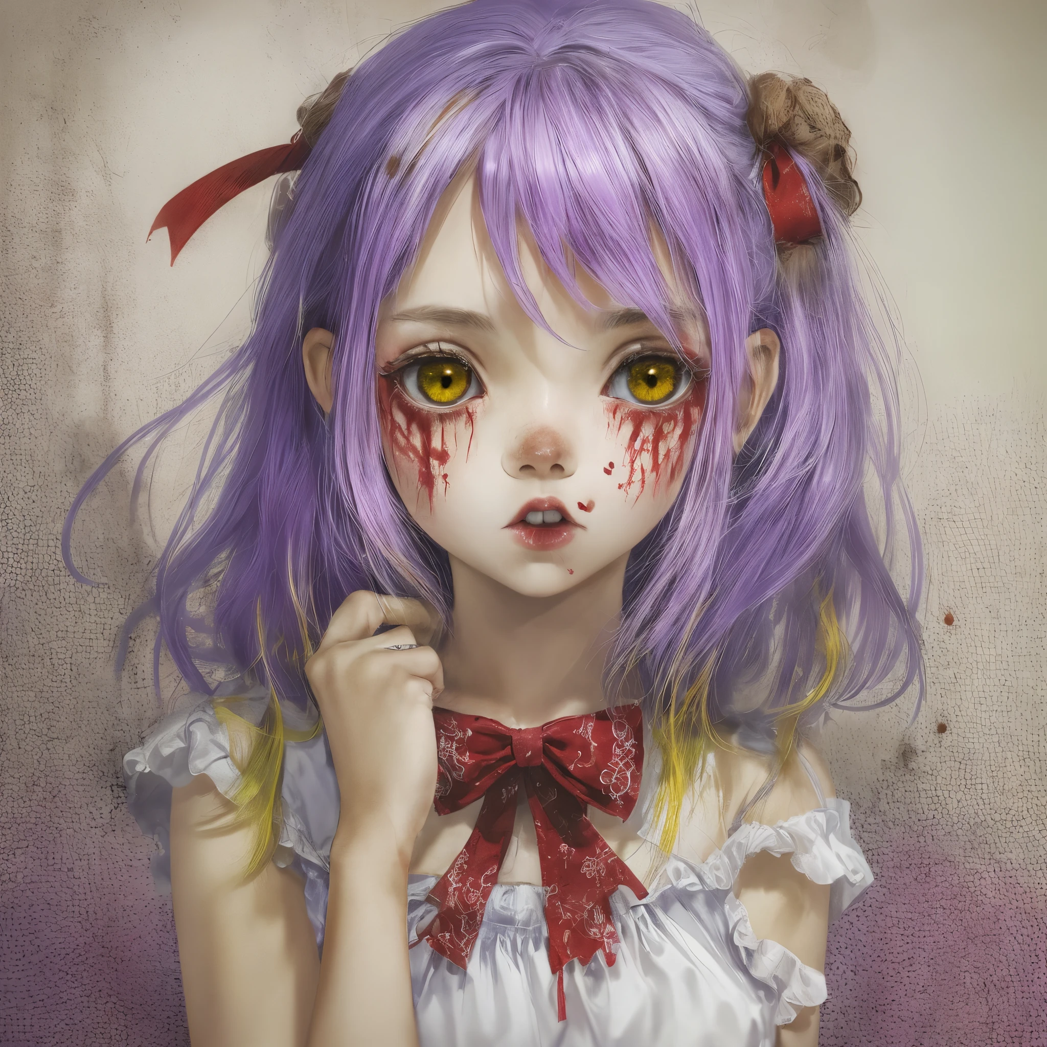 2Girls, ((bright yellow hair)), yellow braids, blue and white frock, green eyes, brown shoes, frock in white and crimson fabrics, BREAK Girl, purple hair, red and white frock, Holes for Eyes, bleeding eyes, Horror, red bow in the hair, brown shoes, frock in white and crimson fabrics, Horror, scary girl