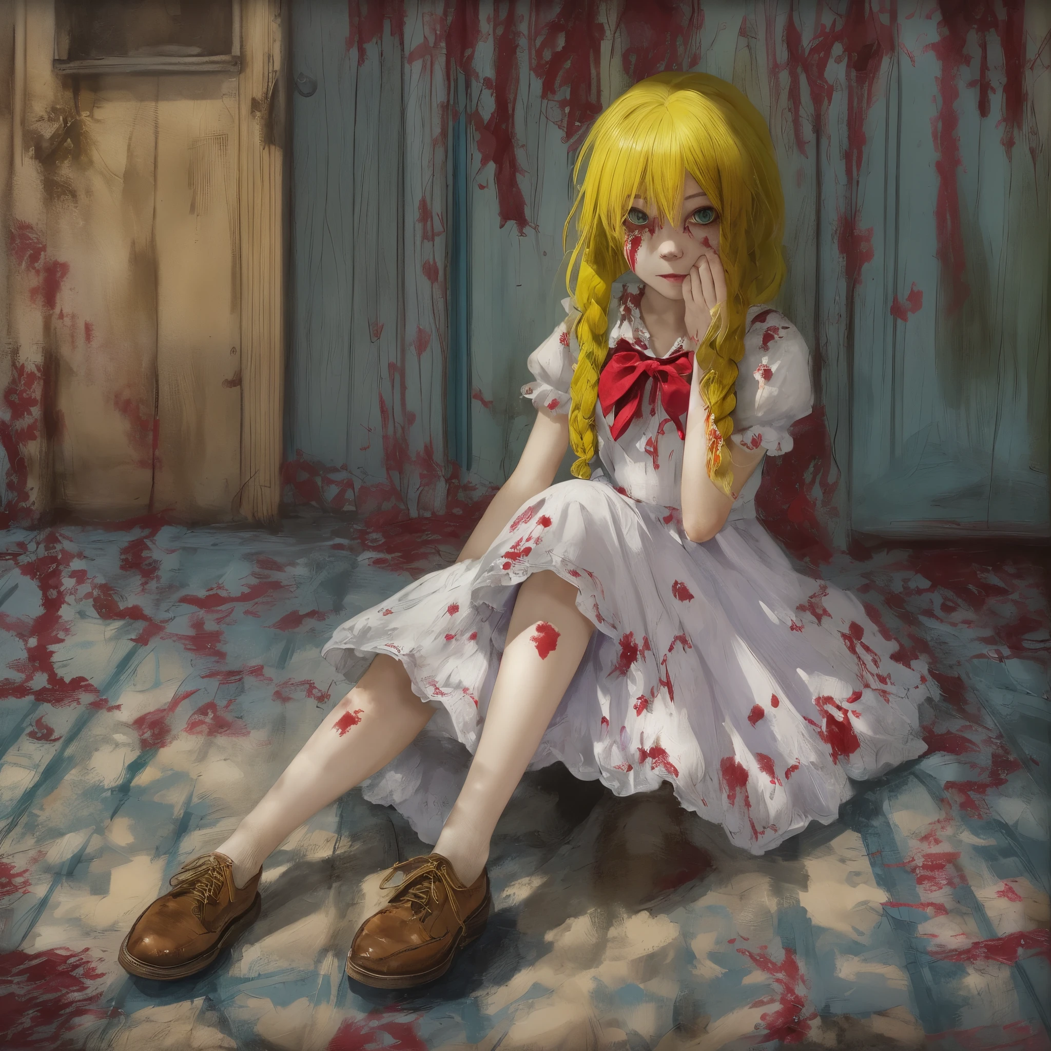 2Girls, ((bright yellow hair)), yellow braids, blue and white frock, green eyes, brown shoes, frock in white and crimson fabrics, BREAK Girl, purple hair, red and white frock, Holes for Eyes, bleeding eyes, Horror, red bow in the hair, brown shoes, frock in white and crimson fabrics, Horror, scary girl