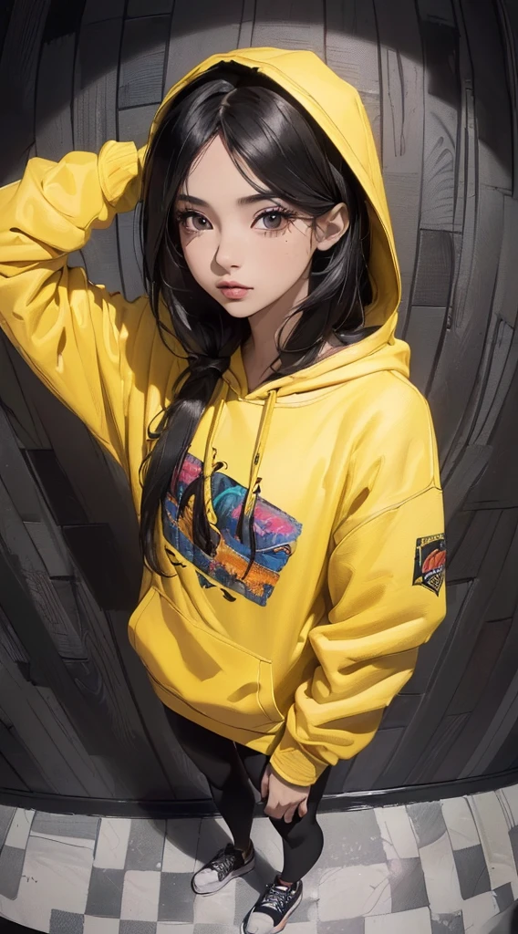 (((8k wallpaper of extremely detailed CG unit:1.2, masterpiece, hight resolution:1.2, top-quality:1.2, masutepiece))), ((a very beautiful woman, person with hands behind head:1.8, Grunge Fashion, Wearing a colorful hoodie, Black Leggings, Wearing shoes)), ((extra detailed face, very beautiful face, Highly detailed black eyes, extra detailed body, Top quality real texture skins)), (A dark-haired, length hair, de pele branca, Small), ((colorful geometric pattern wall, Colorful wall)), (high-angle:1.2, Fisheye:1.3), hyper realisitic, digitial painting,