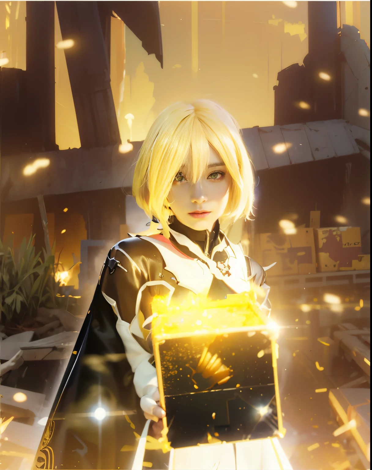 ((otto apocalypse_honkai impact 3)),((realistic, photorealistic)),(highlight hair)), Light reflection, (( HD )), navel, detached sleeves,((upper body)), (((best quality, masterpiece))),Particles light, shining box, blink, fire particles, smoke, background game honkai impact 3, sharing, highlight,Holding a box, man Yellow glowing box