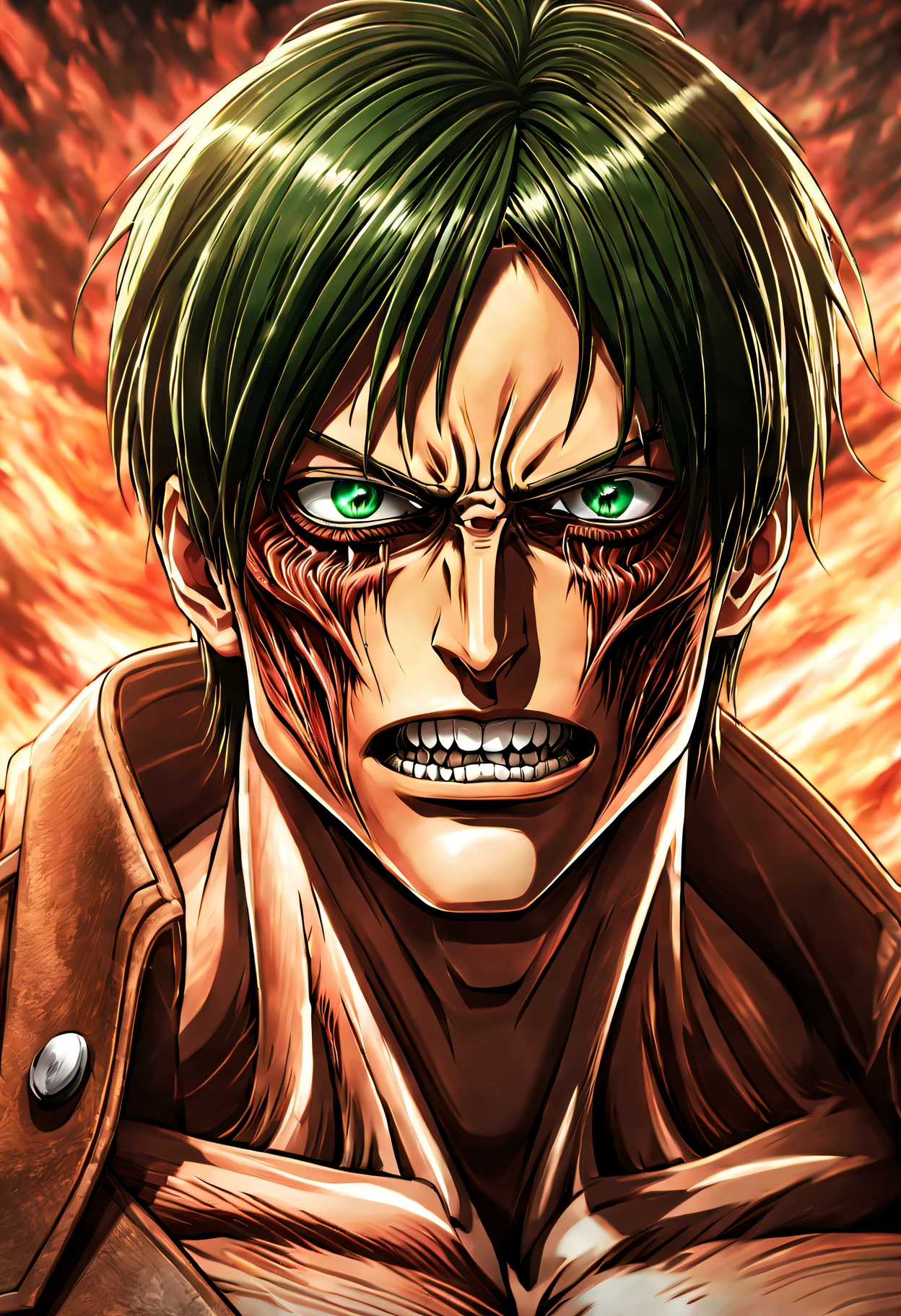 "green-eyed, muscular anime character, Eren Yeager, from Attack on Titan, in the style of Attack on Titan anime, Eren Jaeger, Attack on Titan, detailed portrait of Eren Yeager, as a grotesque Titan, secret art of attacking Titans, as a Titan, Attack on Titan"