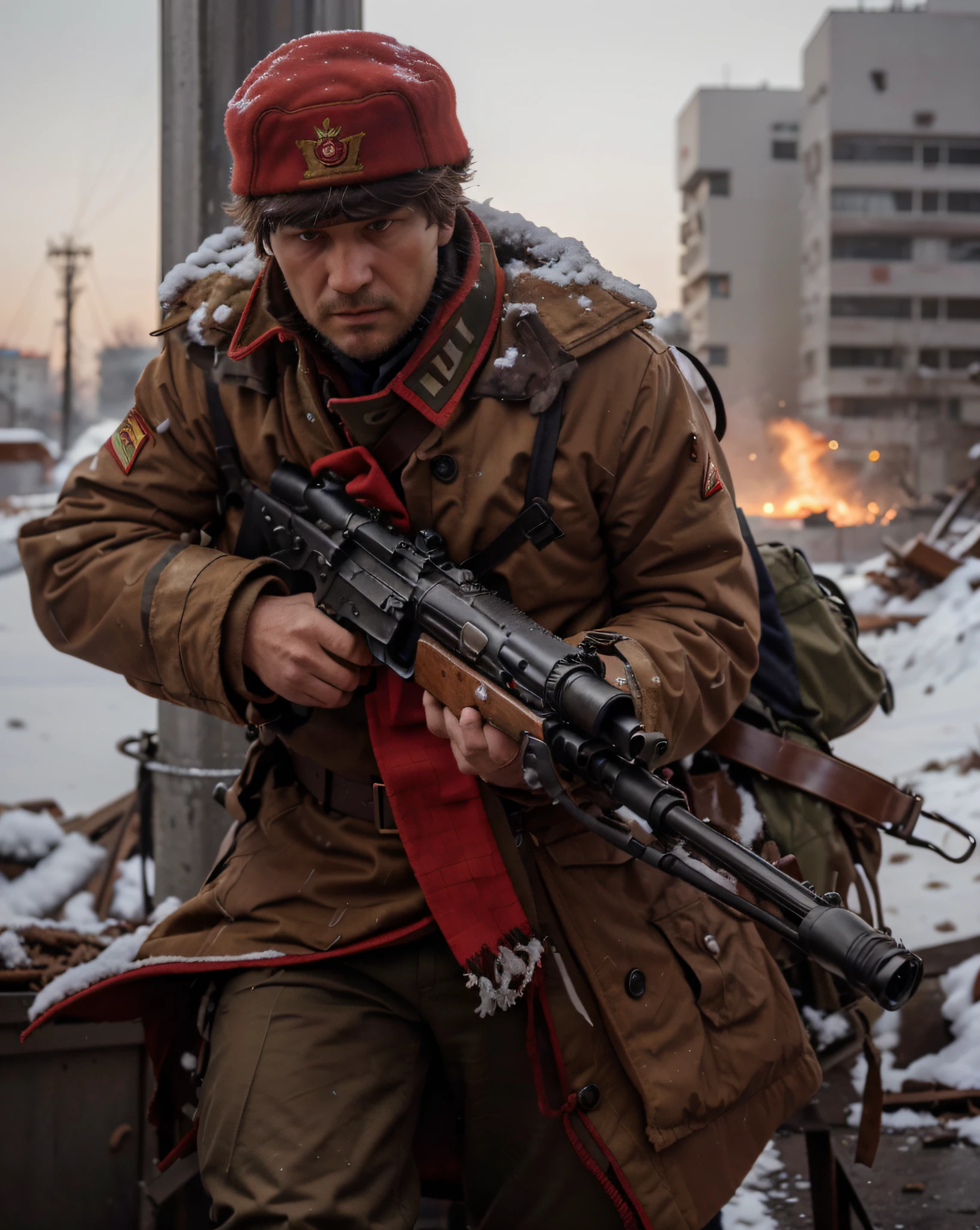 Soviet male soldier, Ukrainian features, brown hat, dark red Soviet winter uniform, belts with ammunition, He carries a machine gun, this is in a completely destroyed modern Polish city, Cold colors of the snowy day, Fire, destroyed tanks, smoke, rubble, sky red, Light Low light, 4k, Ultra detailed image, realistic, Highly detailed, perfect composition, splendid, Intricately detailed, incredibly detailed, Art photography 8K, hyper detailed, Masterpiece, Ultra detailed, hyper realistic, 4k, Ultra detailed image, realistic , Highly detailed, perfect composition, gorgeous, Intricately detailed, incredibly detailed, 8K fine art photography, hyper detailed, Masterpiece
