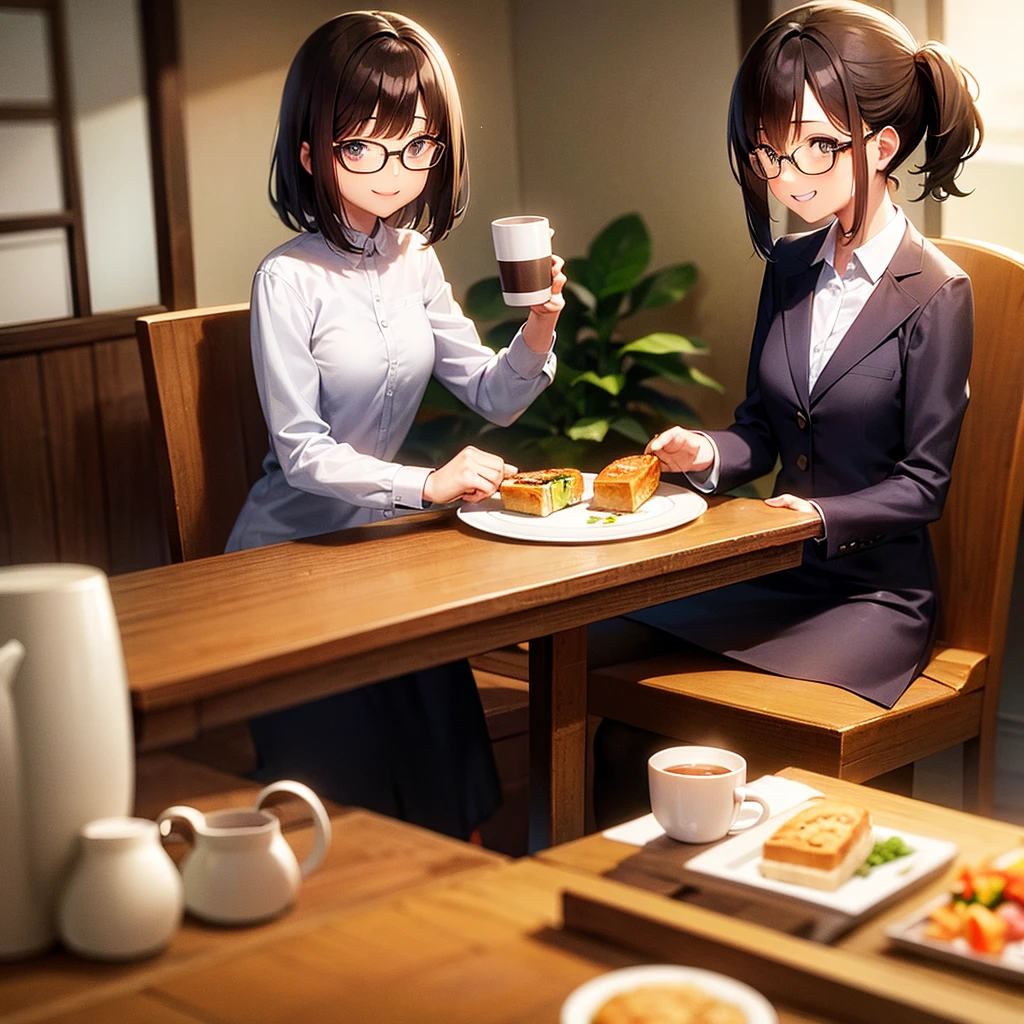 dining table, Sandwich on the plate, Mug with coffee next to it, brown bob hair woman, glasses, sit down on chair, put palms together in front of body, happy smile, in breakfast.