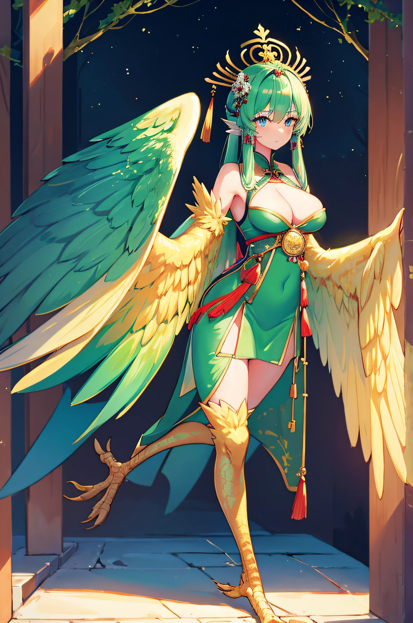 4k,hight resolution,One Woman,harpy,Green hair,poneyTail,Blue eyes,Sexy face,huge tit,snow-white wings,golden toenails,ancient chinese princess,fantasy cheongsam dress,ancient chinese crown,jewel decorations