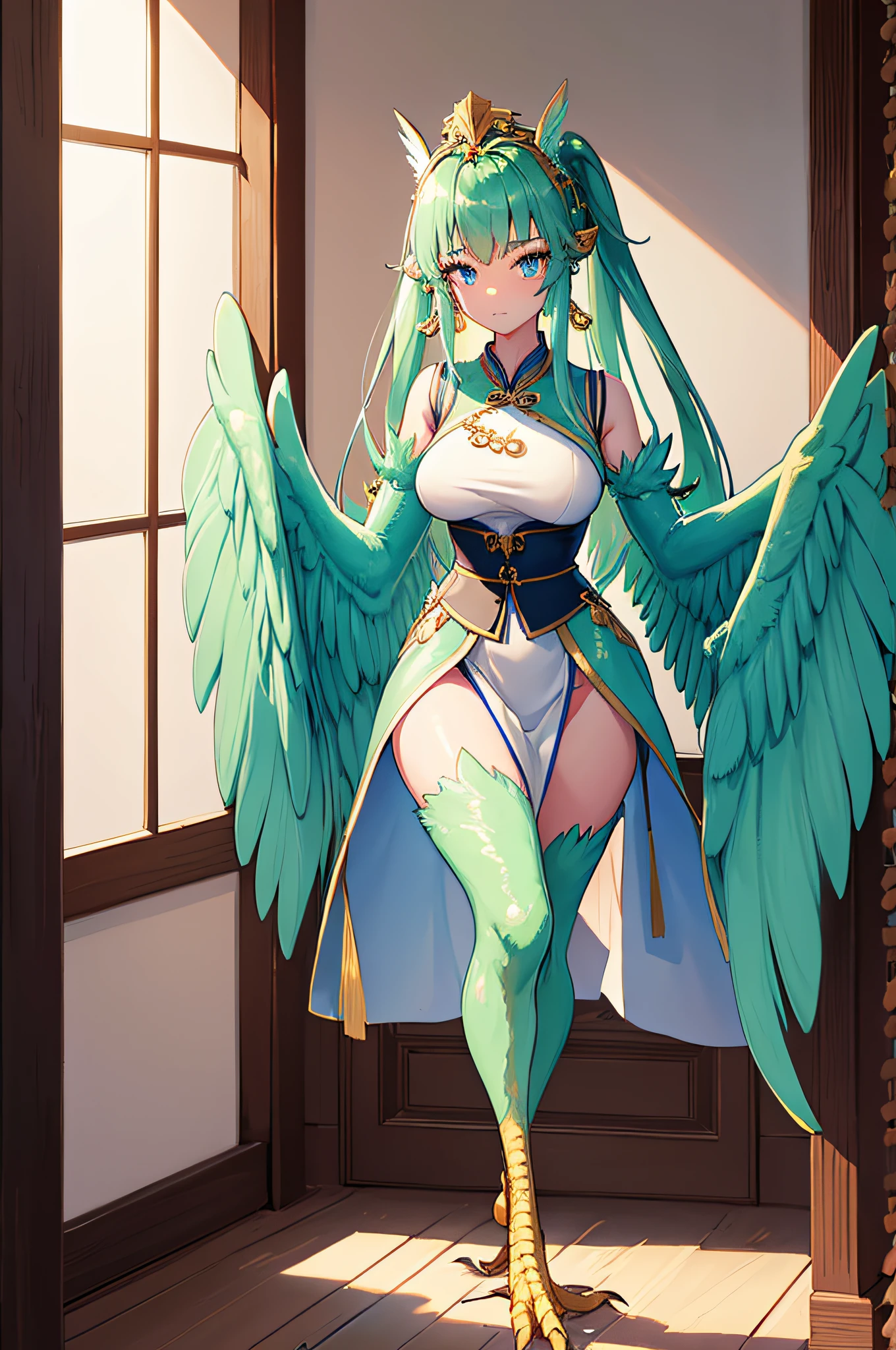 4k,hight resolution,One Woman,harpy,Green hair,poneyTail,Blue eyes,Sexy face,huge tit,snow-white wings,golden toenails,ancient chinese princess,fantasy cheongsam dress,ancient chinese crown,jewel decorations