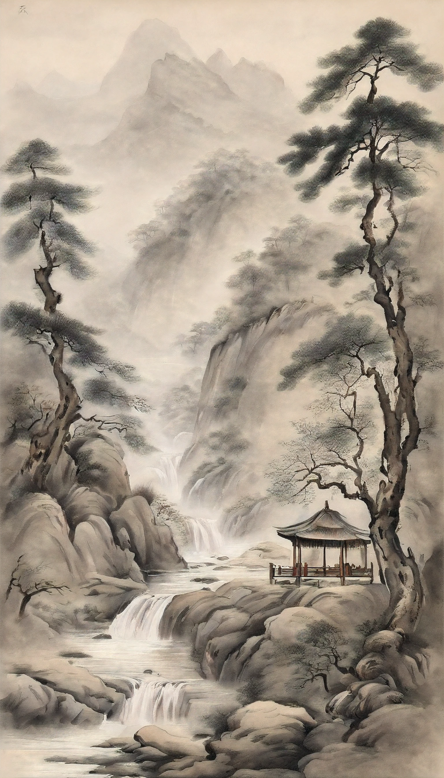 Chinese figure landscape painting,Ink painting and watercolor,larger ancient figures,The scholar,Lao Tzu,disciple,ink,Faraway view,Ultra-wide viewing angle,meticuloso,low saturation in distant view,low-contrast,Beautifully depicted,Acura,Works of masters,tmasterpiece