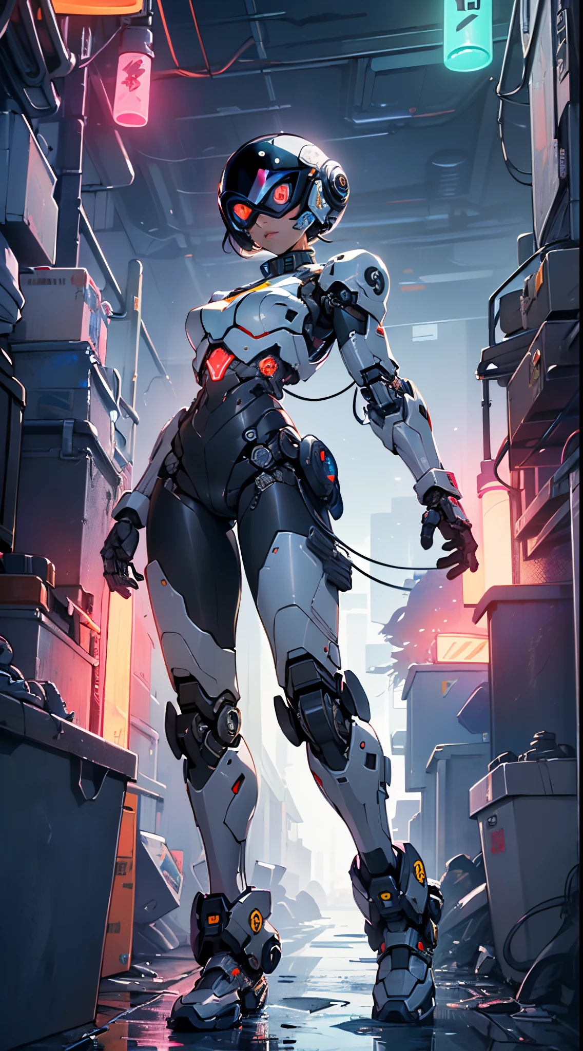 (((girl robot))),assaultron, itrobo2022, 1girl,robot,humanoid robot,robot joints,joints,black robot helmet,black armor,head-mounted display,humanoid robot,white robot joints,one-eyed,white joints,no humans,((black armor)),wide hips,curvy,mechanical arms,crotch plate,science fiction,post-apocalypse,outside,large breasts:1.4,(very long legs:1.4),

reelmech,cyborg girl,(cyborg girl:1.5),android,((mechanical robot girl)),

(((doll))),((((black skin,doll joints:1.5,mechanical hands:1.5,black armored dress,tesla coils,mechanical doll:1.5,Body of a machine,black metallic skin,ball joint,cyborg:1.5,robotic parts,robot)))),(Mechanical joints: 1.4,Mechanical limbs),mecha armor suit, full face armor, full body armor,

lot of rgb,(spider lower abdomen),

(nsfw),

motorcycle black helmet,(wearing head-mounted display that is chunky and hi-tech with neon lights:1.2),corporate logos,complete black helmet,no face,black body,black skin,black robotic body,((((technological face mask,Cybernetic_Jawless, black mask)))),

(dynamic pose:1.0),solo focus,embarrassed,(centered,scale to fit dimensions,Rule of thirds),

cyberpunk city by the ocean at night, with bright neon signs and dark stormy clouds and puddles, scenery:1.25,nighttime, starry night, cosmos,Very dark night that makes the neon lights stand out, very bright neon lights,nighttime, starry night, cosmos,

highres, sharp focus, (ultra detailed, extremely detailed), (photorealistic artwork:1.37),(extremely detailed CG unity 8k wallpaper),((synthwave background theme)),(((vibrant colors))),(intricate background),(masterpiece),(best quality),
