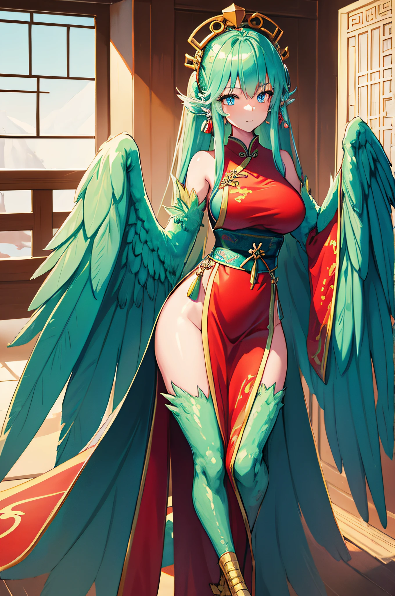 4k,hight resolution,One Woman,harpy,Green hair,poneyTail,Blue eyes,Sexy face,huge tit,snow-white wings,golden toenails,ancient chinese princess,fantasy cheongsam dress,ancient chinese crown,jewel decorations