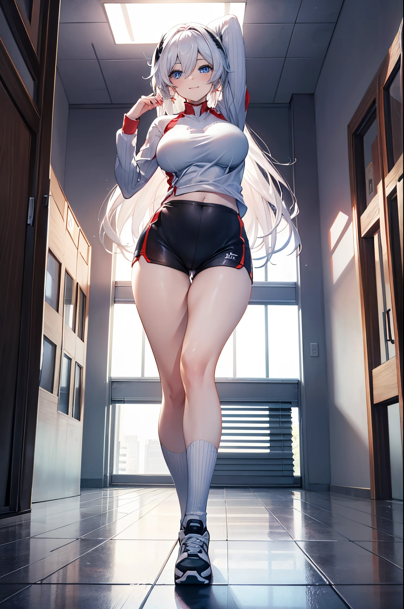 Realistic image, Detailed image, 1 girl (Kiana Kaslana). Long silky hair, silver hair, blue eyes, long eyelashes. Women's 2 piece short t-shirt, ribbed, seamless, workout, exercise, long sleeve, Sport Minishorts. Large breasts, slim waist, wide hips and thick thighs. smiling. with one leg raised while winking. Arched back. View from below. View from behind. Sports court. Volumetric light. Ambient light.