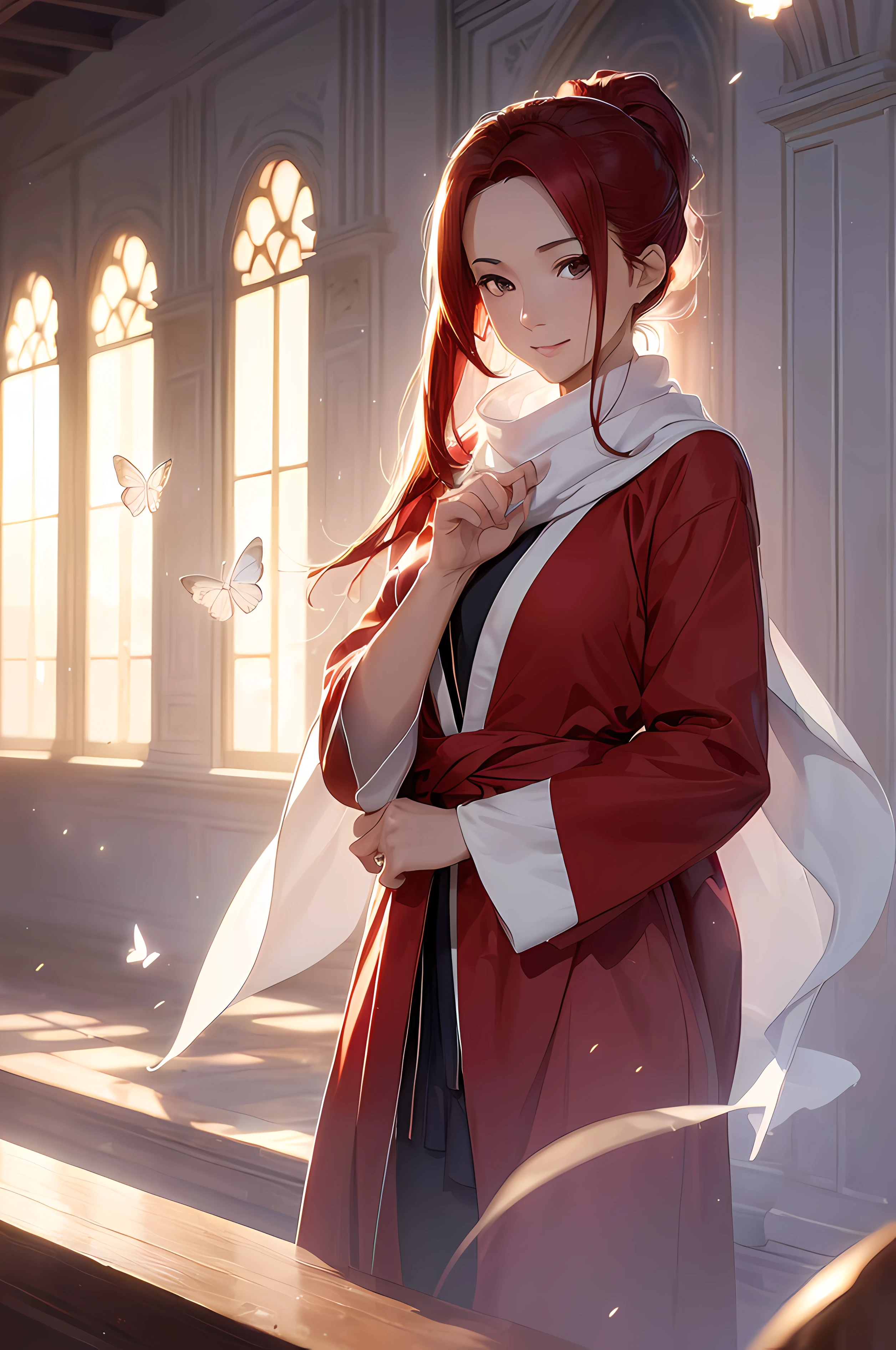 A beautiful woman, ((( red school clothes, scarf, red robe))), ((perfect body figure, beautiful face, beautiful face, milf, age 46, royal, red color hair, ponytail hair style, beautiful skin, Extremely details hair, fine details)), (((cinematic lighting, beautiful lighting effect, creative design, full body frame, divine aura, hard harmony , shining light, perfect color transition, perfect balance of contrast, perfect color layer, perfectly smooth color blur, soft rendering, smooth color stroke, sun glare, optic lens, light ray, soft colors, smooth colors blend, perfect color rendering, harmony, perfect color harmony, beautiful color, soft harmony, light particles, perfect details, intricate details, color prism, fine details, refine details))), Tachibana Omina art style, affectionate eyes, half a smile, slightly open mouth, a gentle expression on his face, top of mountain, breeze and sunlight in the background, butterflies in the sky, realism, ((Best quality))),8k,((Masterpiece)),(Extremely refined and beautiful)