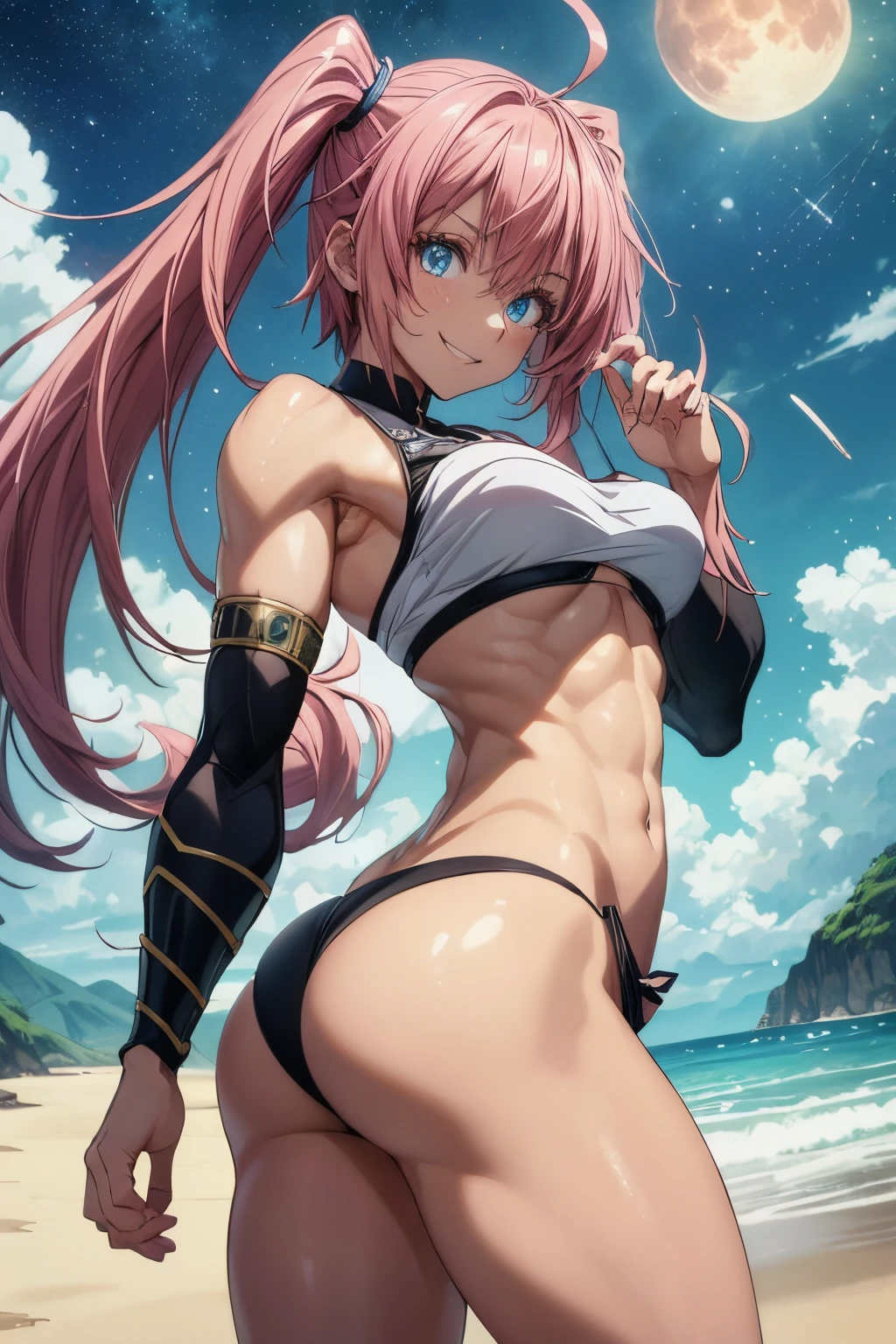 1 girl, (medium breasts))) (((big ass))), (pretty smile), (((wearing short bikini))), (long pink hair), (((blue eyes))), (in beach at night with starry sky and full blood moon), (slim waist), (large waist), (thin and muscular legs), muscular belly, bare feet, (stand upright), double tails, glowing eyes, eye reflection , bad mood, anime, anime style, ray tracing, shine, drop shadow, panorama, Sony FE, 8k, Uhard disk, master piece, accurate, anatomically correct, Super Detail, best quality, very high resolution, hard disk, 16k