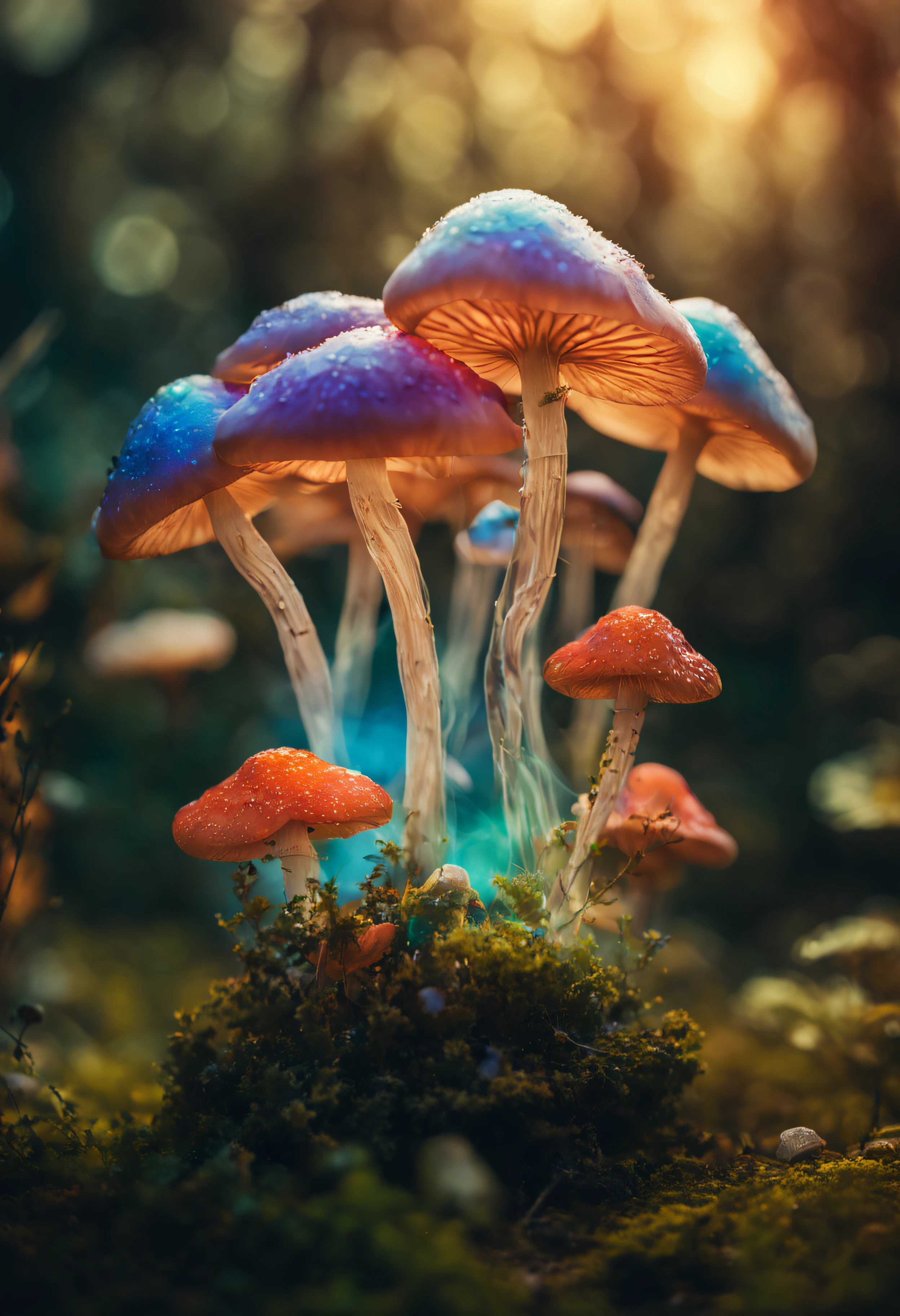 The main mushroom is made of glass、、(((The inside of the glass mushroom is filled with rainbow-colored smoke..)))、Mesmerizing surreal movie stills of Alice in Wonderland,、 magical dreamland bokeh background, A fascinating and eerie fantasy world, Illuminates dark shooting scenes with fantastic light。。, Otherworldly elements of a familiar story, ether wonderland, mystic atmosphere, Realism aesthetics of dark magic and dark fantasy, translucent bioluminescent material、Otherworldly luminescence、((born in another world、A strangely shaped poisonous mushroom that emits bewitching smoke...,)) Ultra-realistic, (Voronoi pattern, depth of fields, (swirly bokeh:1.275), (Kodak Portra 400:0.875) :1.15), (Realistic and complex futuristic background,), (Turbulent Toxic Vapor:1.2, Magnificent surrealism, iridescent lighting, low key light:1.1), Notable masterpieces, celestial, Ethereal, epicd, Magical Light Flare, natural, Soft dreamy lighting, ((Warm Yellow and Deep Carbon:0.7), (Cinematic Look:1.15):1.15)